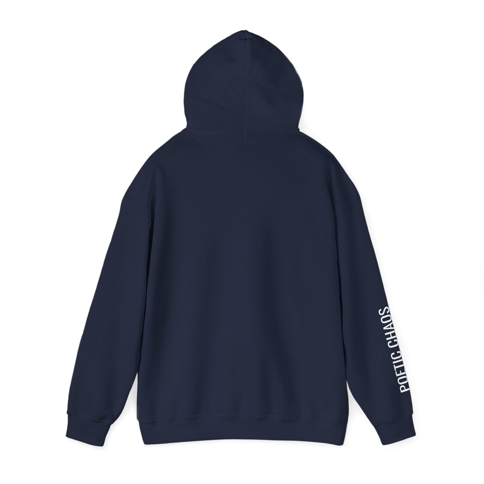 Poetic Chaos Hoodie — Minimal white PC Logo Black Pullover with 'Poetic Chaos' Sleeve