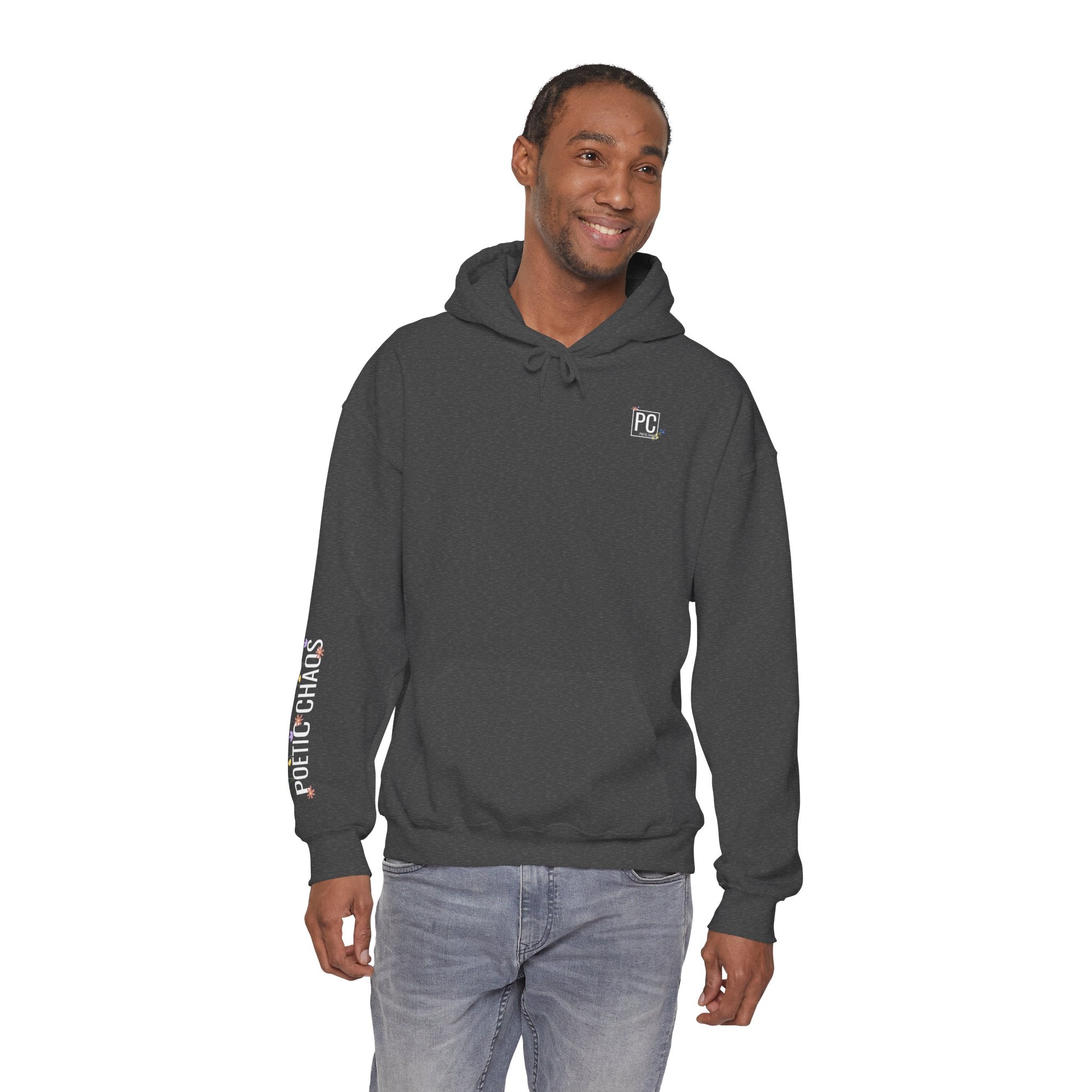 Poetic Chaos Sleeve Hoodie – Minimal white floral Logo Pullover