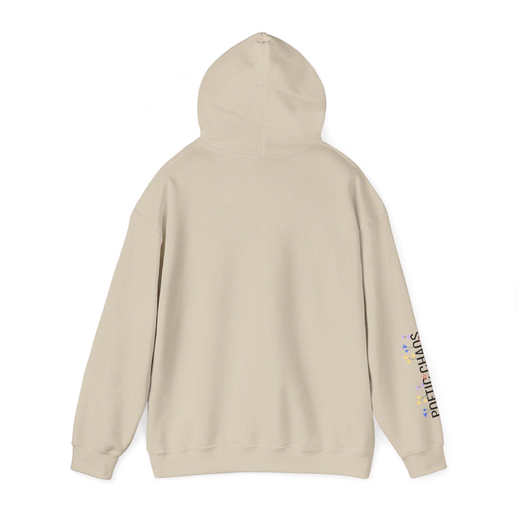 Poetic Chaos Sleeve Logo Hoodie — Minimal White Pullover with 'PC'floral logo