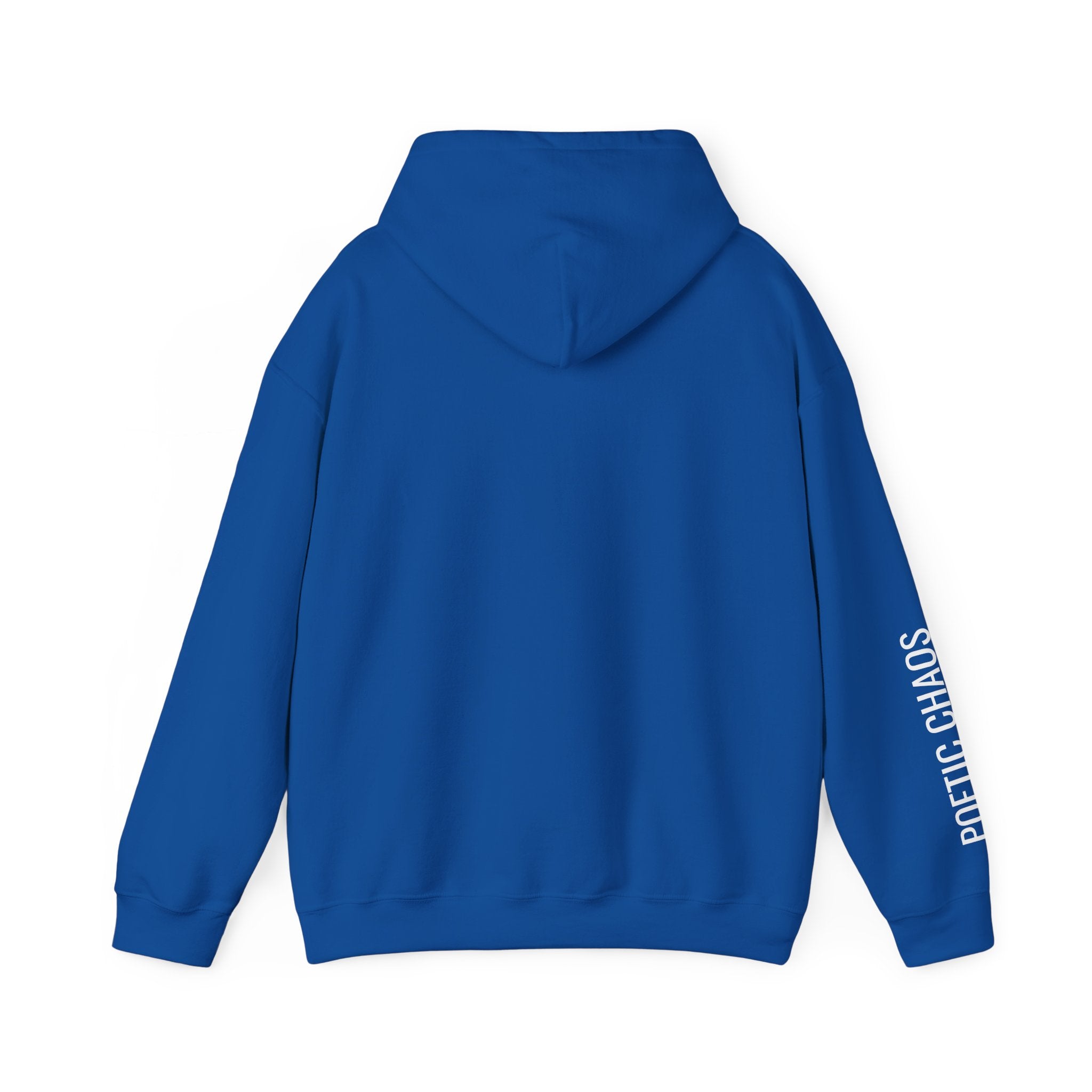 Poetic Chaos Hoodie — Minimal white PC Logo Black Pullover with 'Poetic Chaos' Sleeve