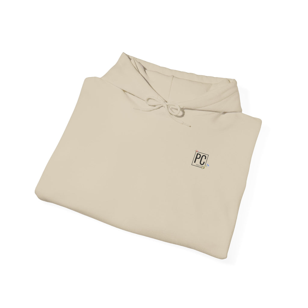 Poetic Chaos Sleeve Logo Hoodie — Minimal White Pullover with 'PC'floral logo
