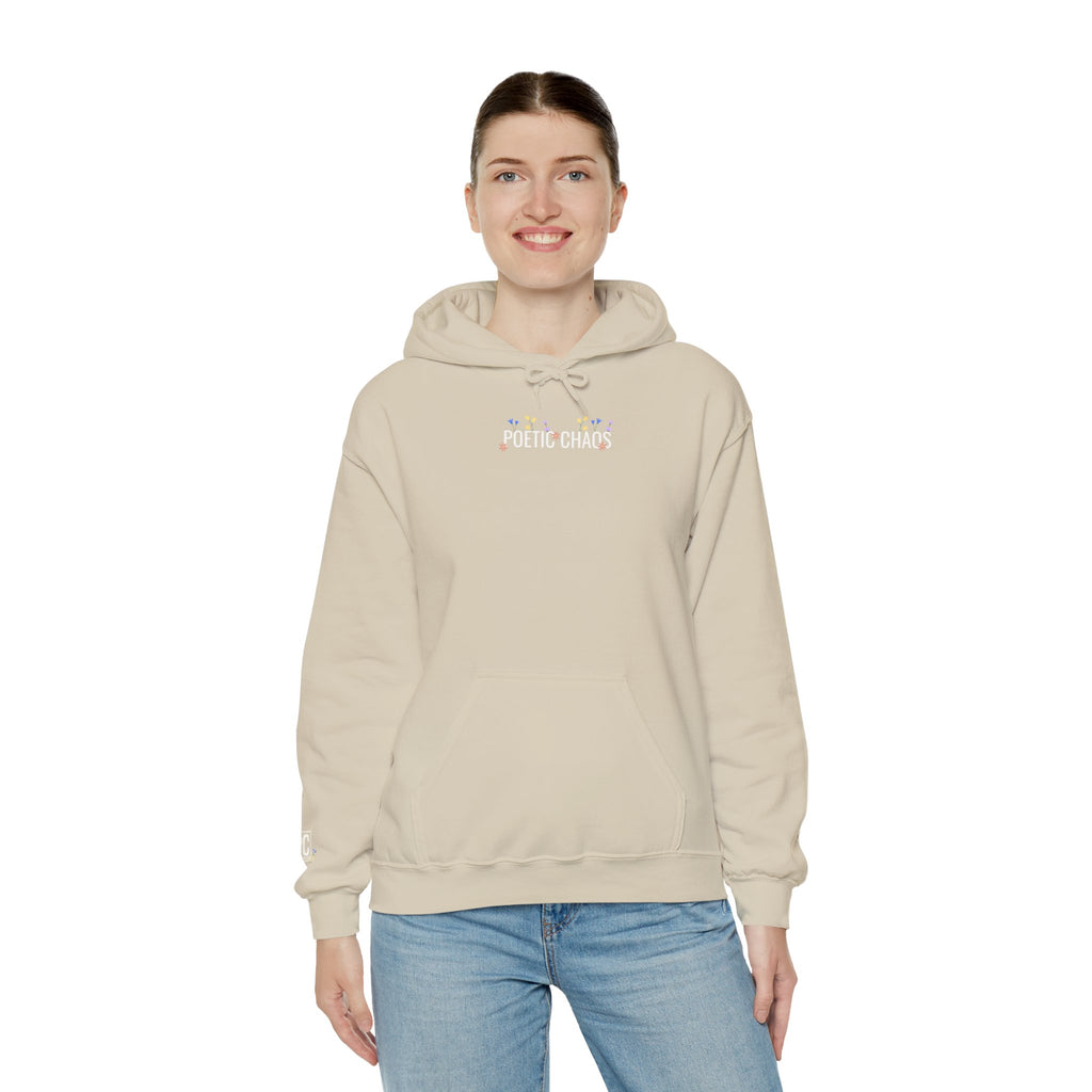 Poetic Chaos Hoodie — Small Chest white floral Logo & Sleeve Emblem