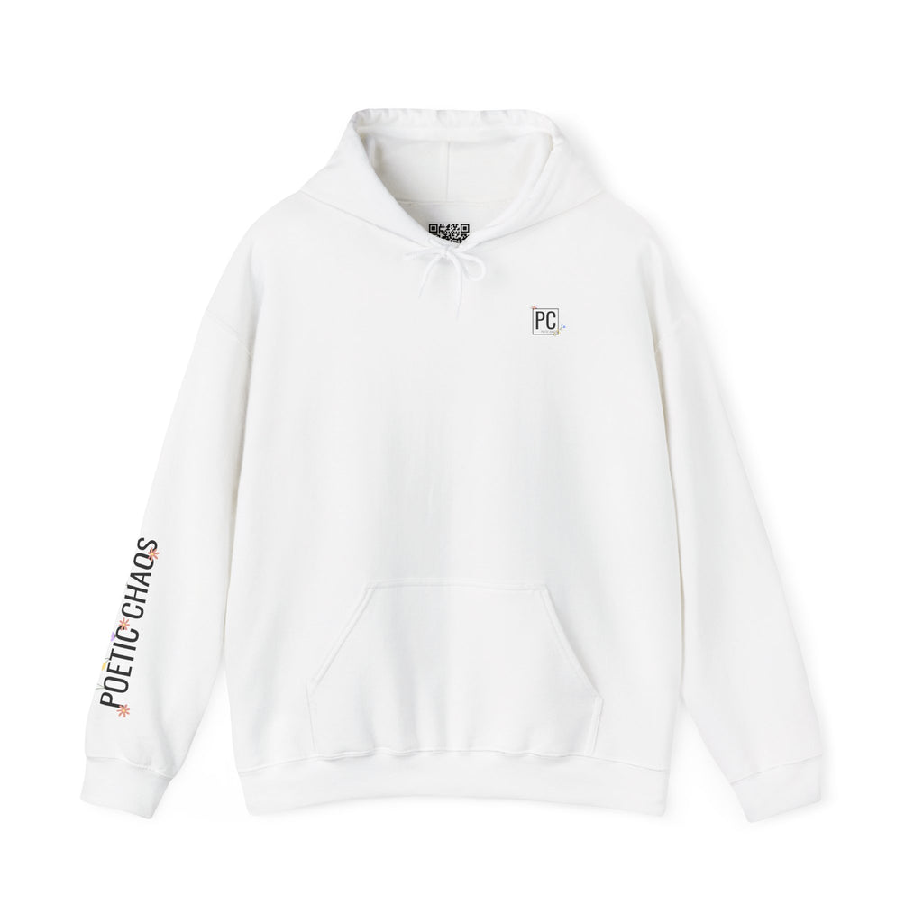 Poetic Chaos Sleeve Logo Hoodie — Minimal White Pullover with 'PC'floral logo