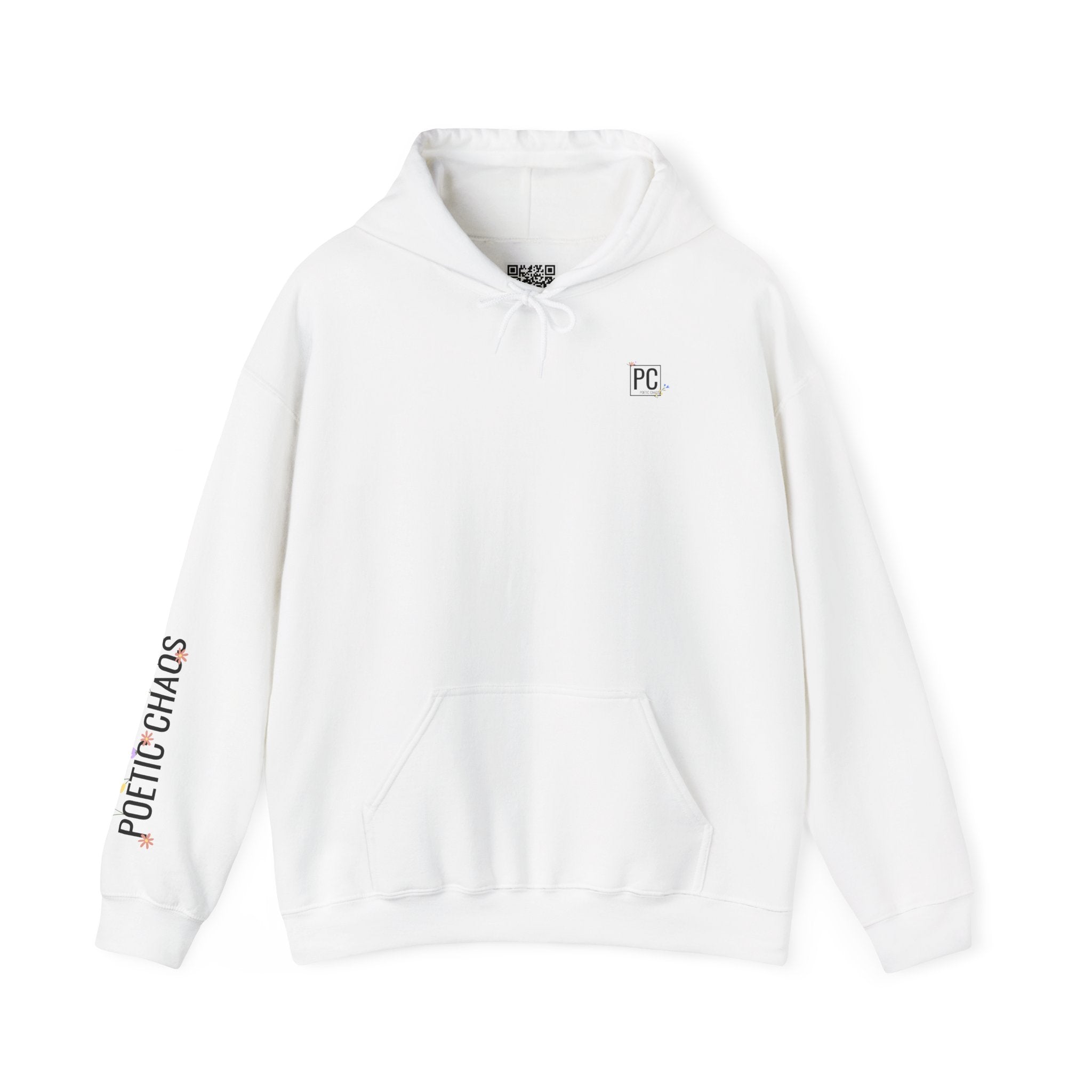Poetic Chaos Sleeve Logo Hoodie — Minimal White Pullover with 'PC'floral logo