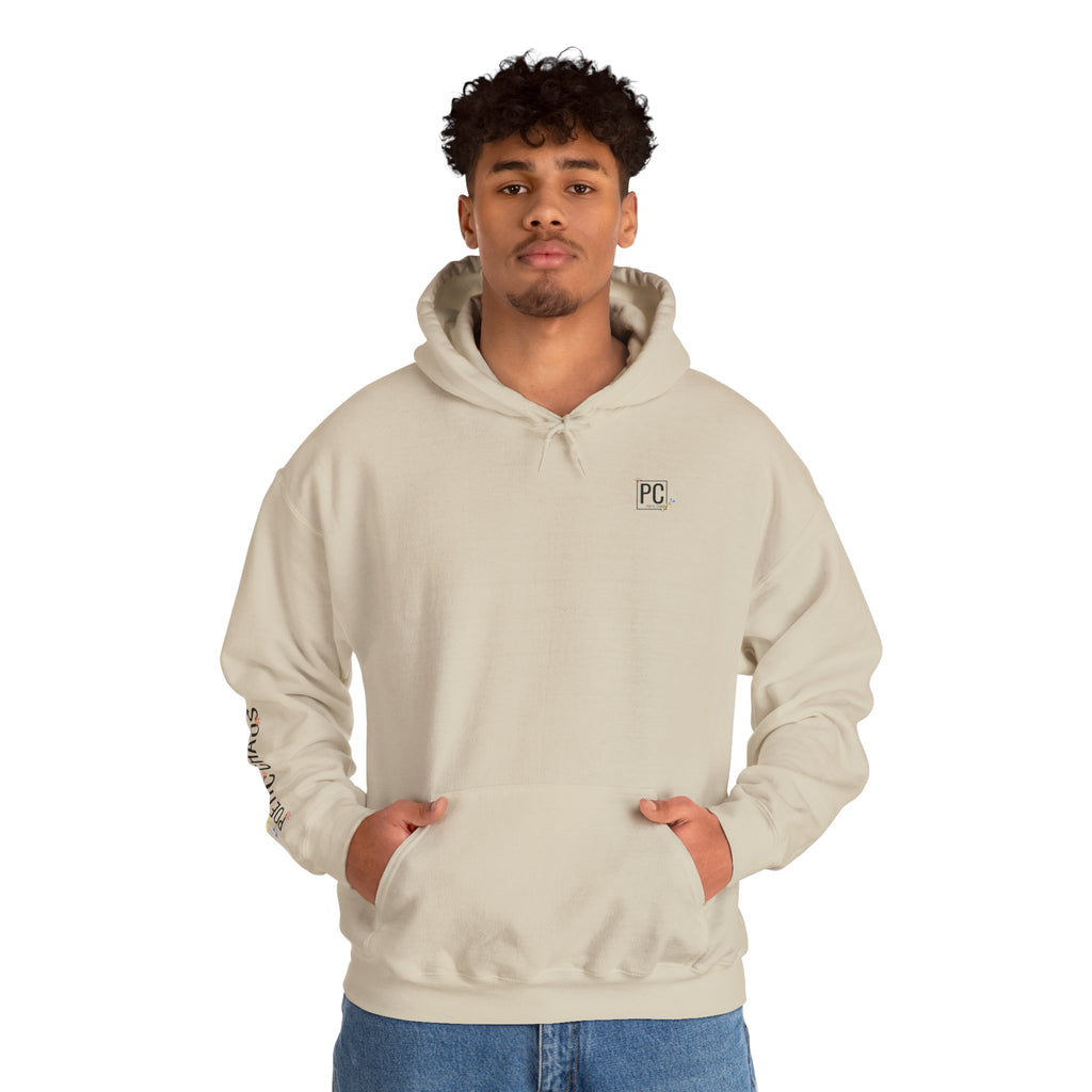 Poetic Chaos Sleeve Logo Hoodie — Minimal White Pullover with 'PC'floral logo