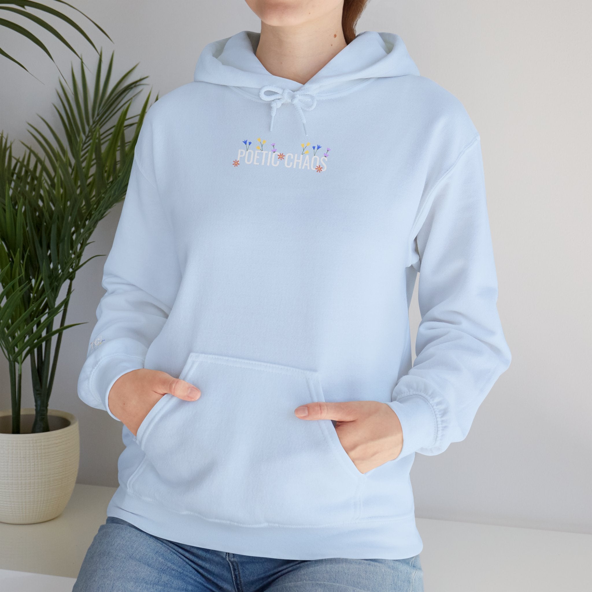 Poetic Chaos Hoodie — Small Chest white floral Logo & Sleeve Emblem