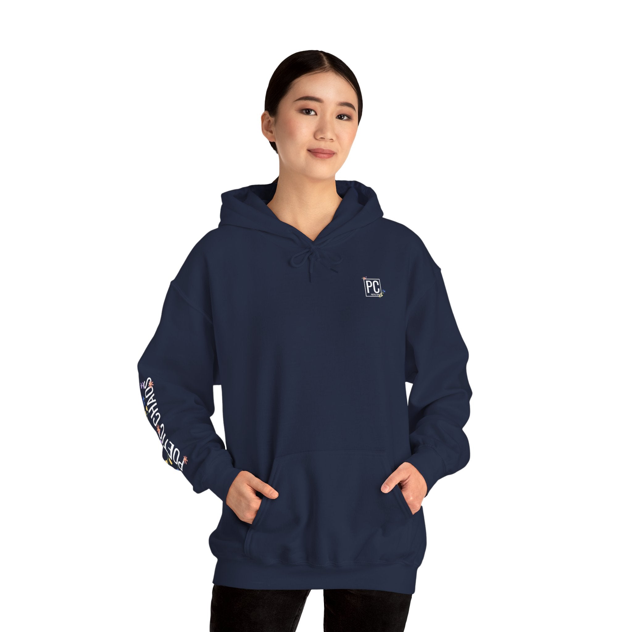 Poetic Chaos Sleeve Hoodie – Minimal white floral Logo Pullover