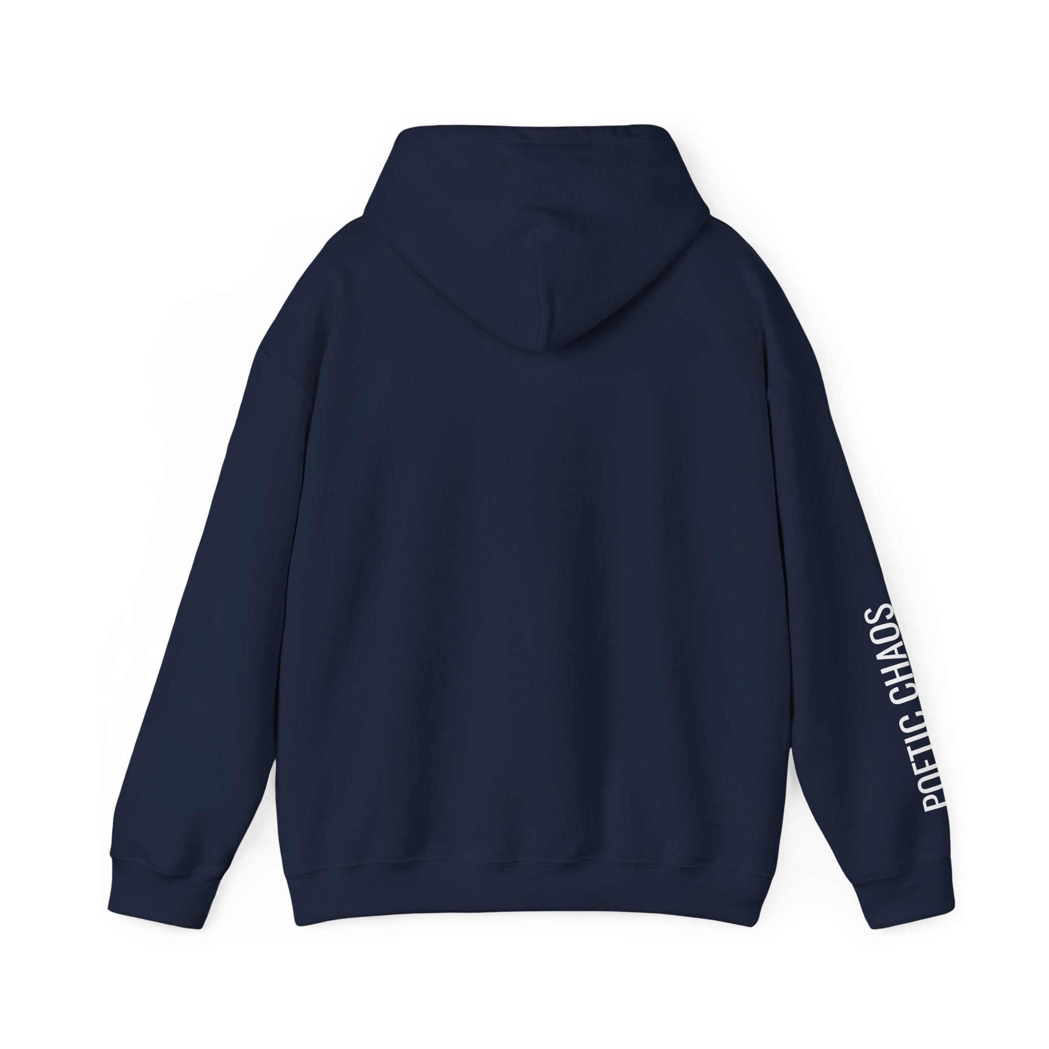 Poetic Chaos Hoodie — Minimal white PC Logo Black Pullover with 'Poetic Chaos' Sleeve