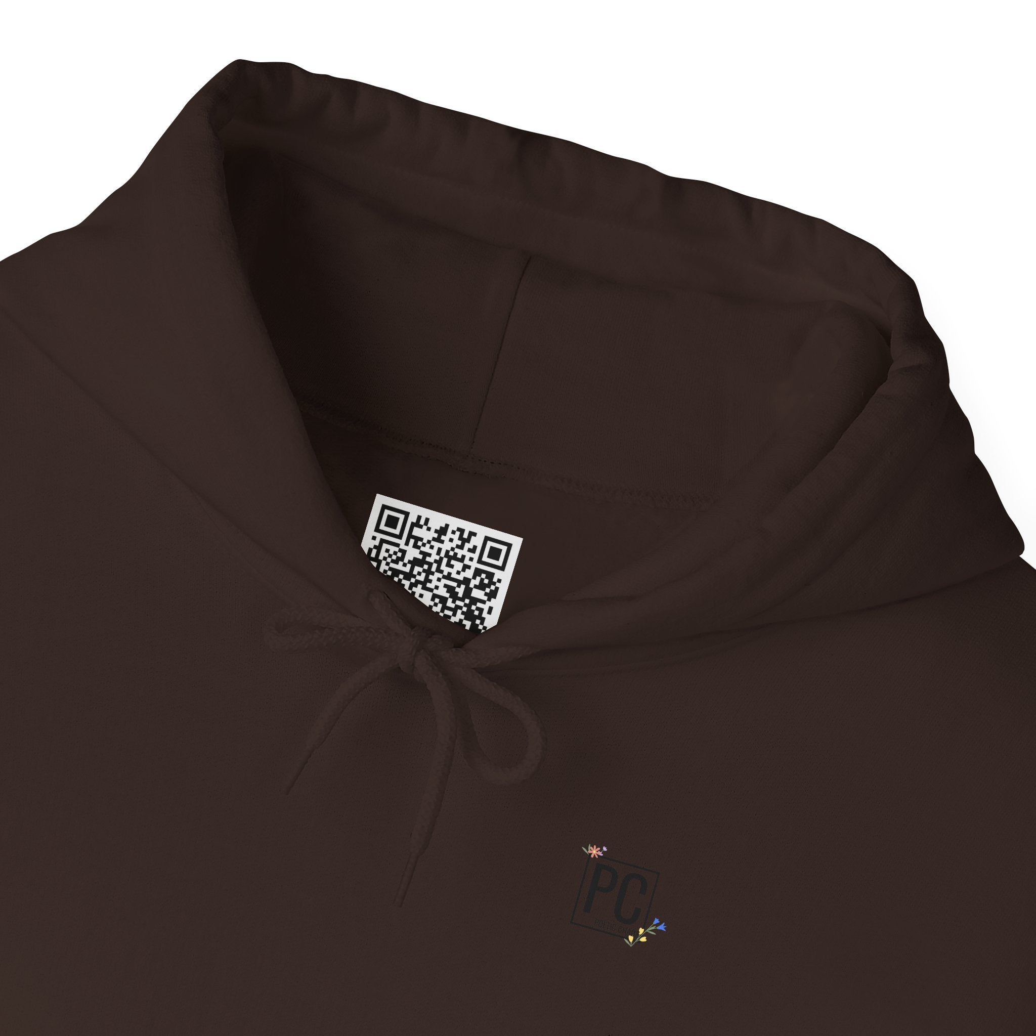 Poetic Chaos Sleeve Logo Hoodie — Minimal White Pullover with 'PC'floral logo