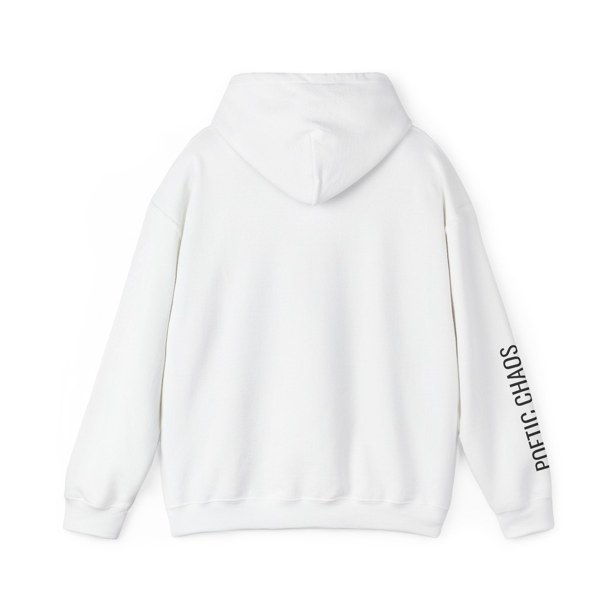 Poetic Chaos Hoodie — Minimal White Pullover with 'POETIC CHAOS' Sleeve Text