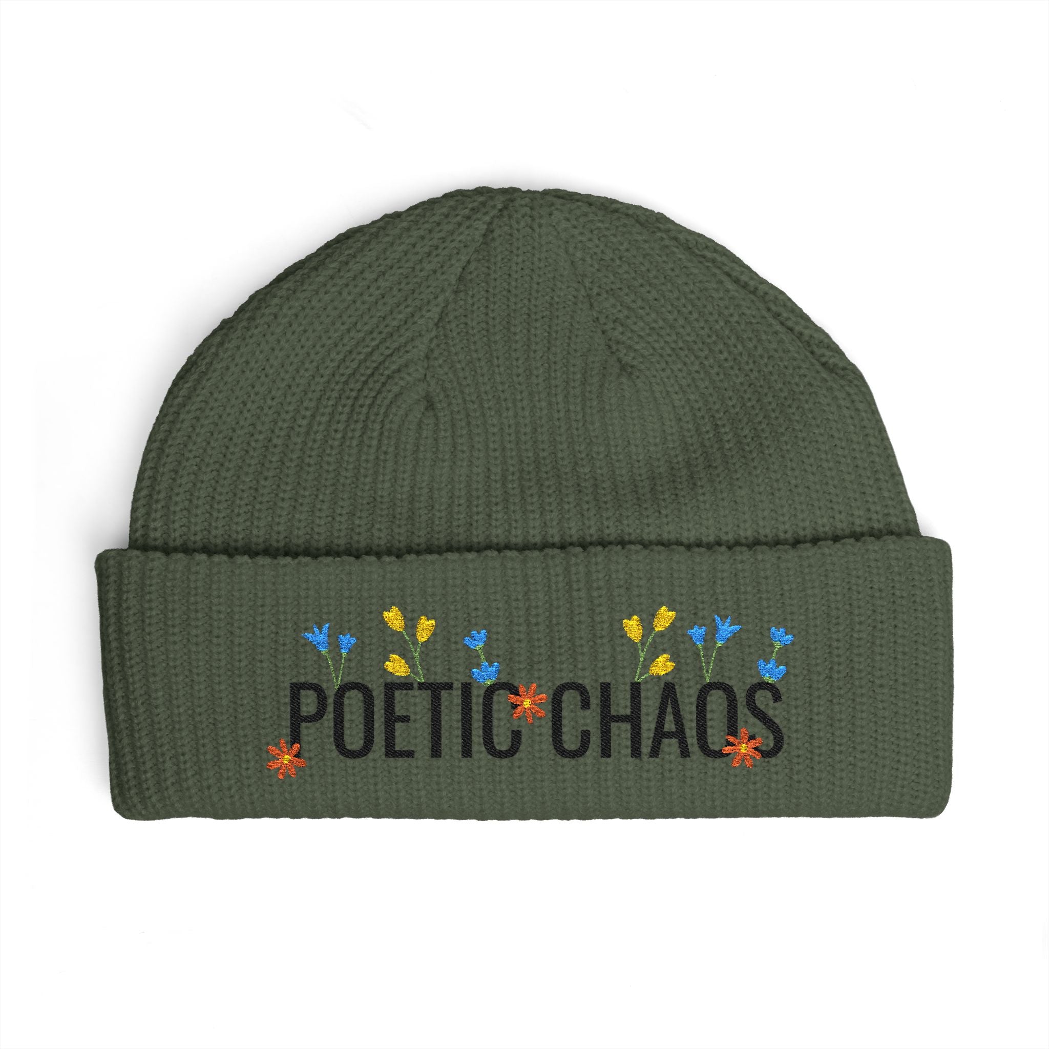 Poetic Chaos Embroidered Cuff Beanie - Floral Knit Winter Hat