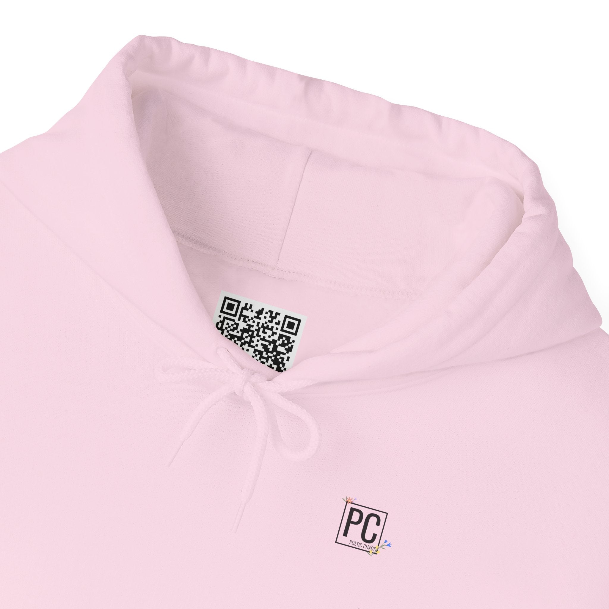 Poetic Chaos Sleeve Logo Hoodie — Minimal White Pullover with 'PC'floral logo