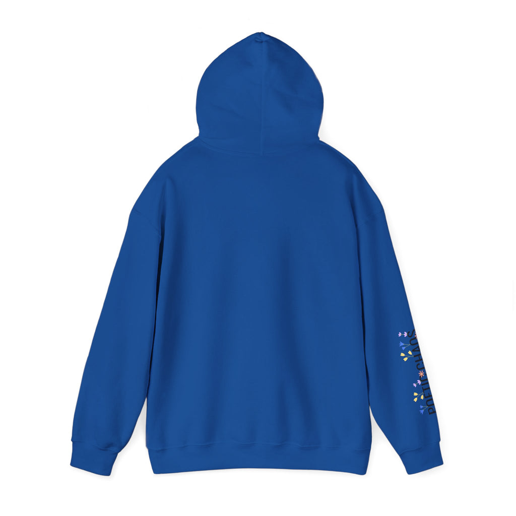 Poetic Chaos Sleeve Logo Hoodie — Minimal White Pullover with 'PC'floral logo