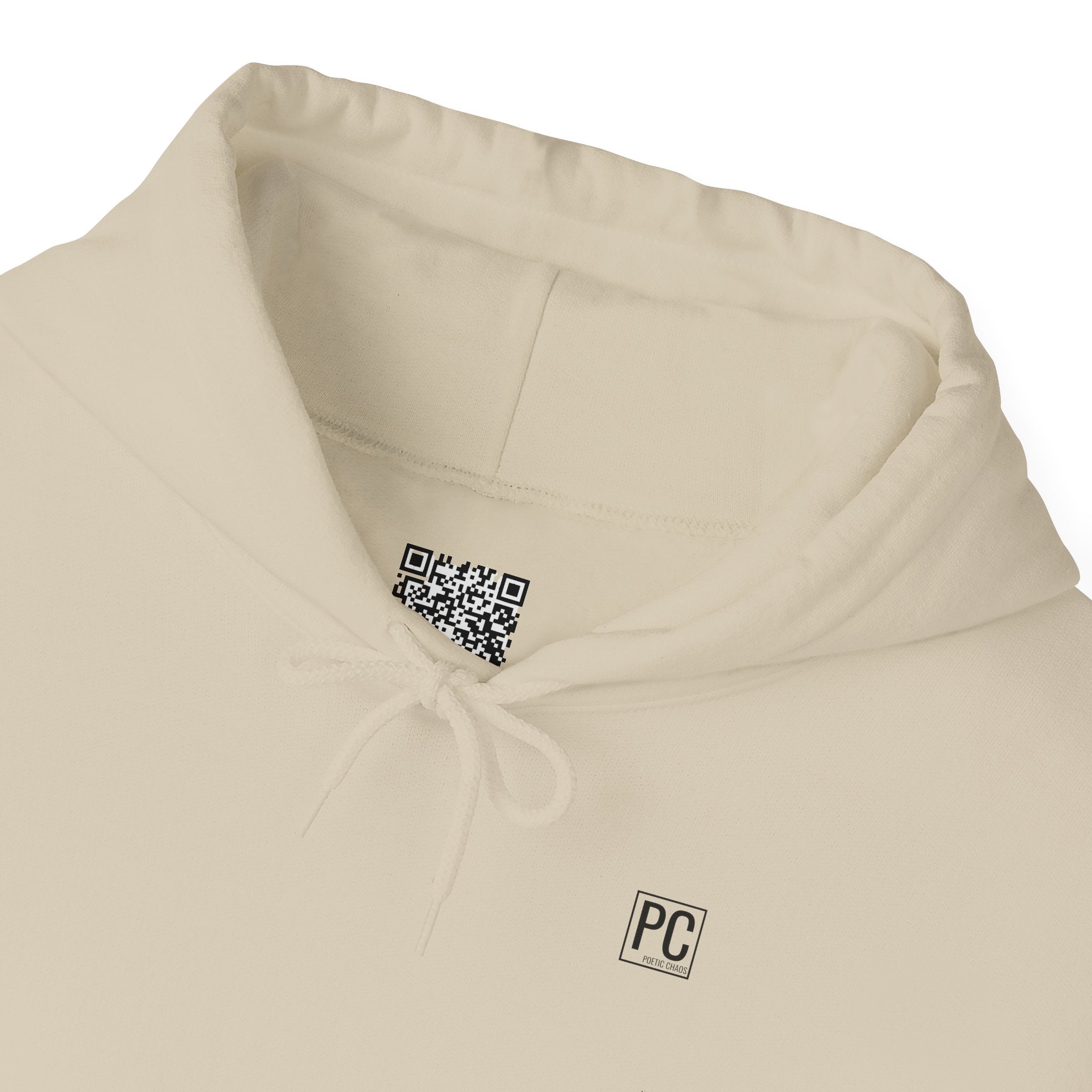Poetic Chaos Hoodie — Minimal White Pullover with 'POETIC CHAOS' Sleeve Text