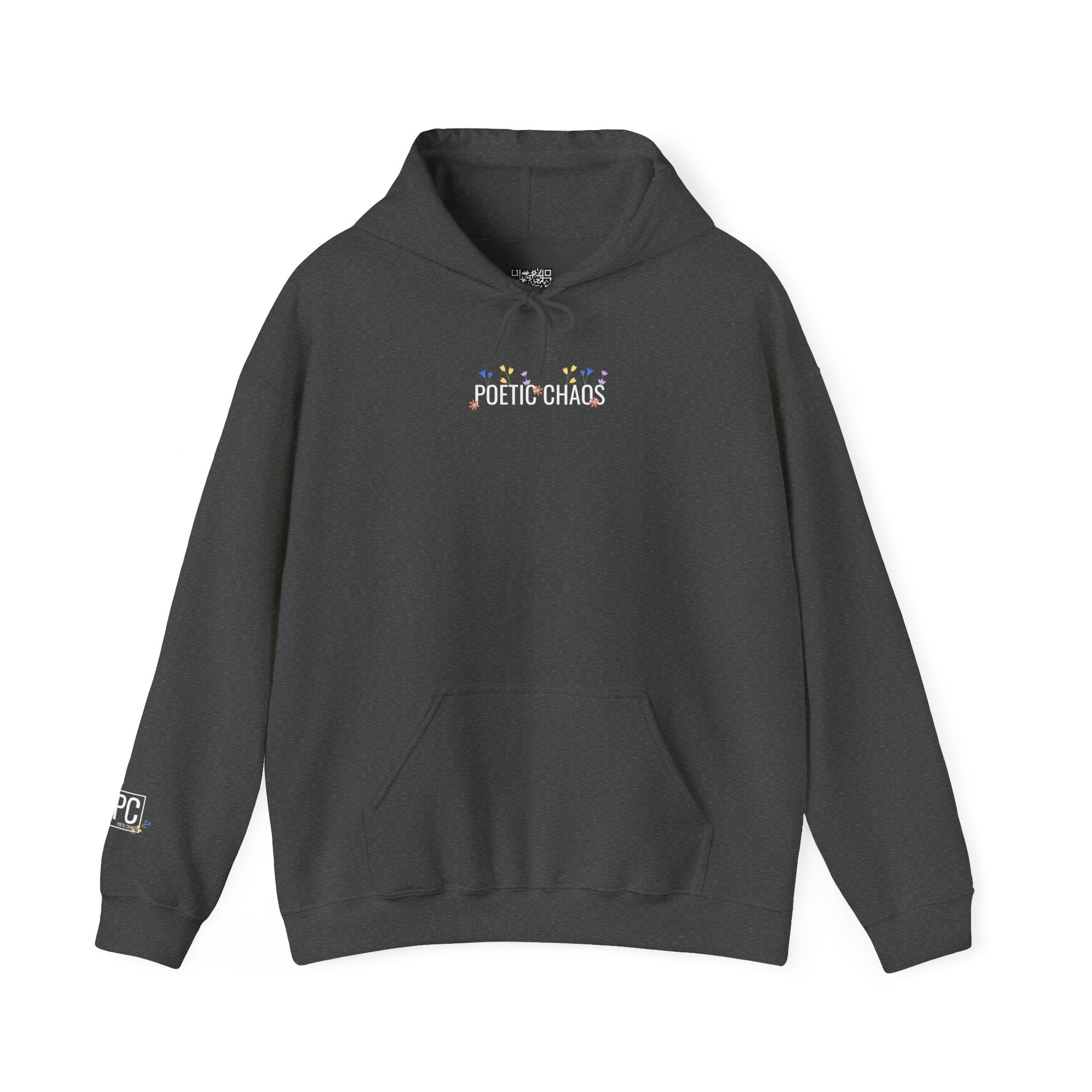 Poetic Chaos Hoodie — Small Chest white floral Logo & Sleeve Emblem