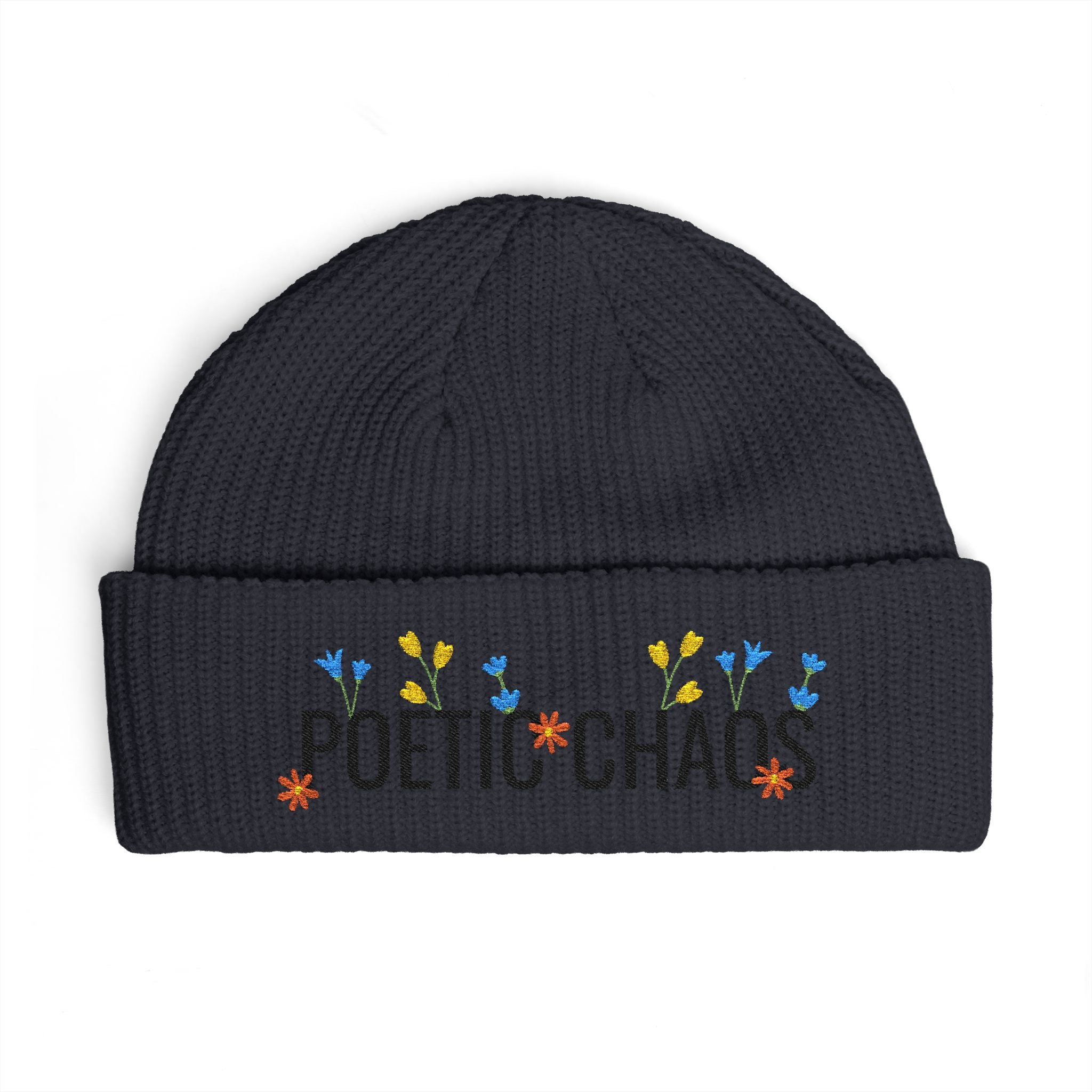 Poetic Chaos Embroidered Cuff Beanie - Floral Knit Winter Hat