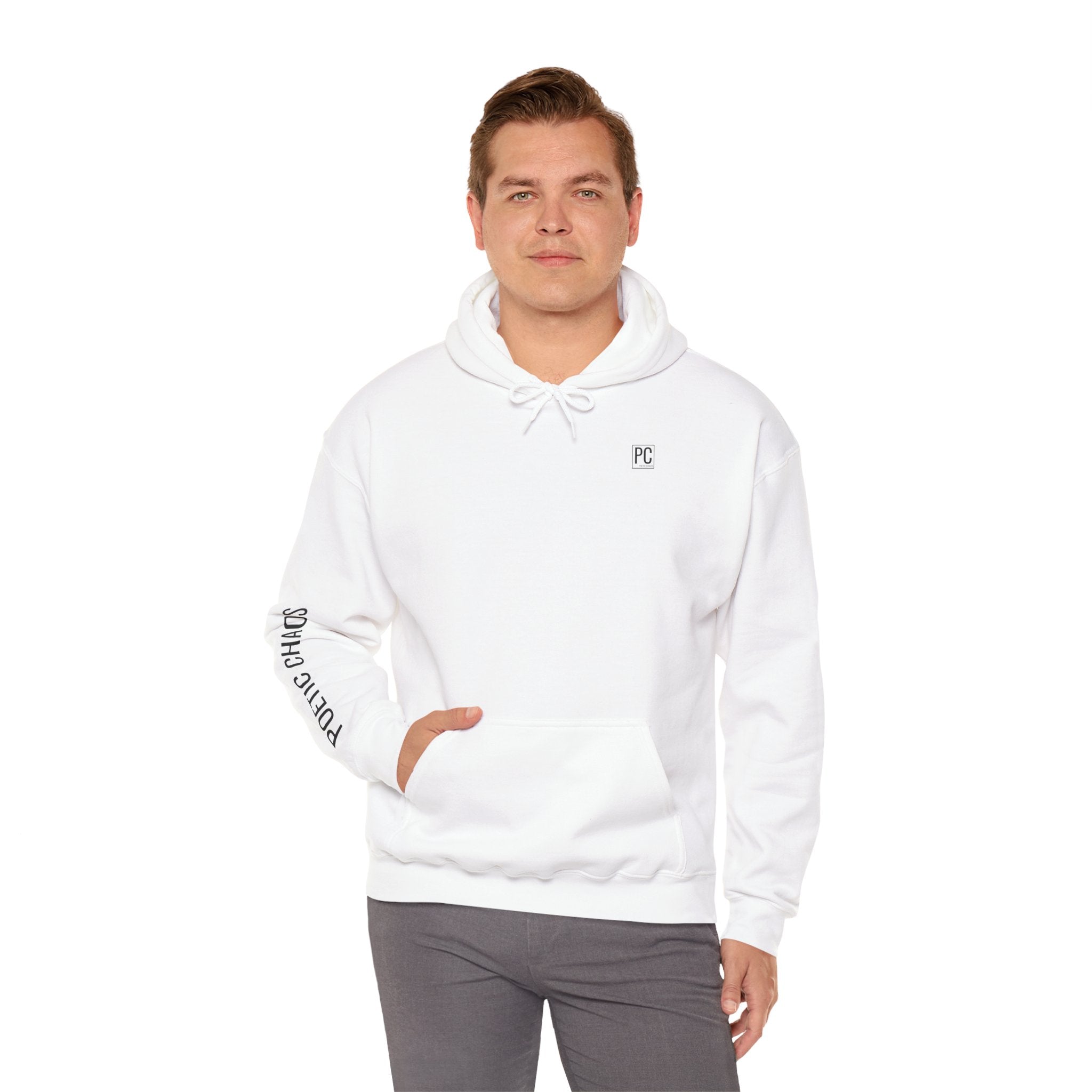 Poetic Chaos Hoodie — Minimal White Pullover with 'POETIC CHAOS' Sleeve Text