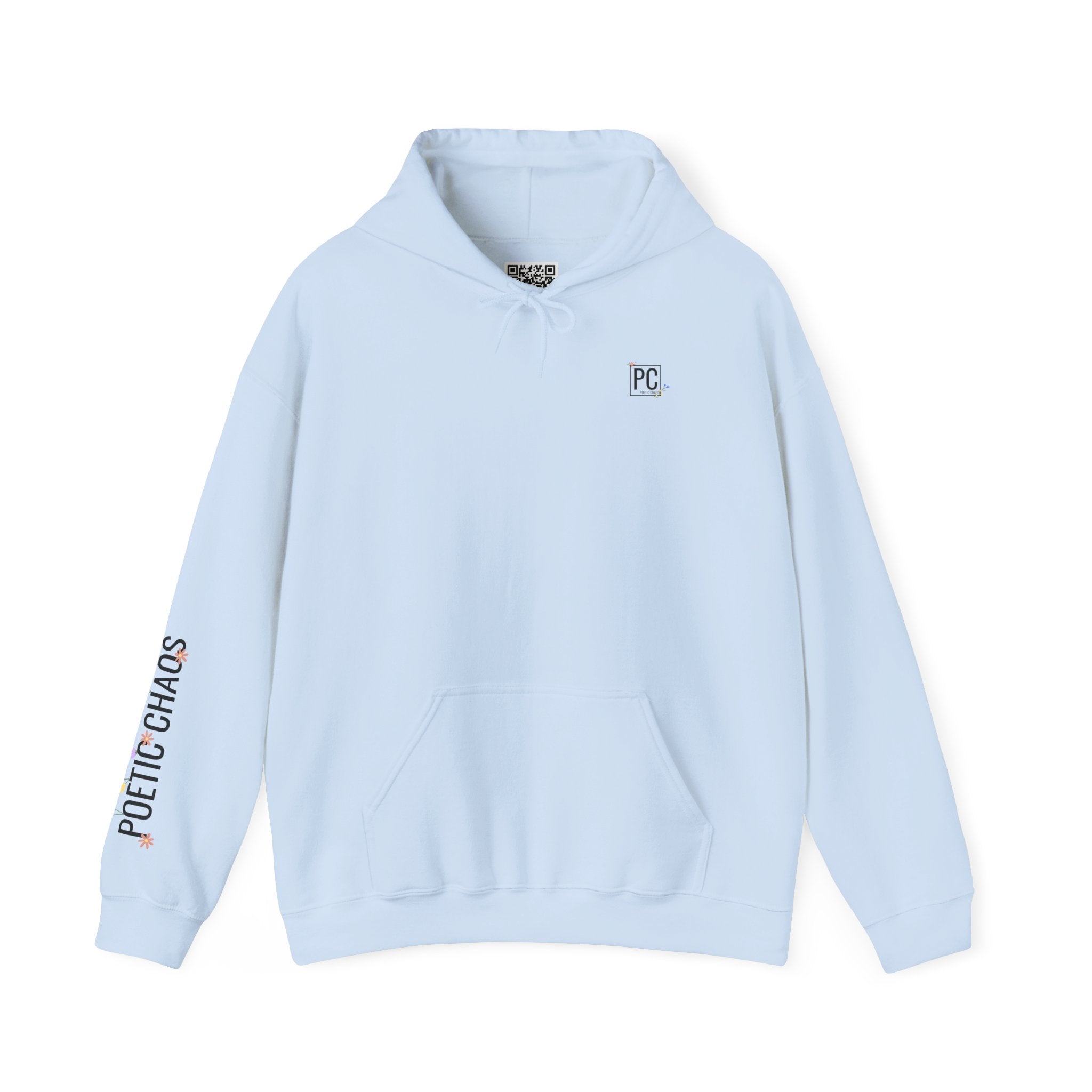 Poetic Chaos Sleeve Logo Hoodie — Minimal White Pullover with 'PC'floral logo