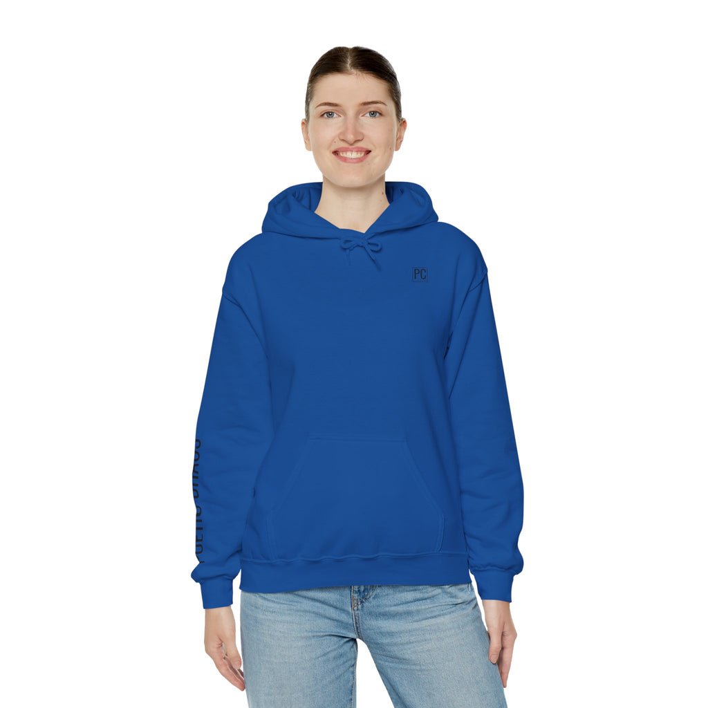 Poetic Chaos Hoodie — Minimal White Pullover with 'POETIC CHAOS' Sleeve Text