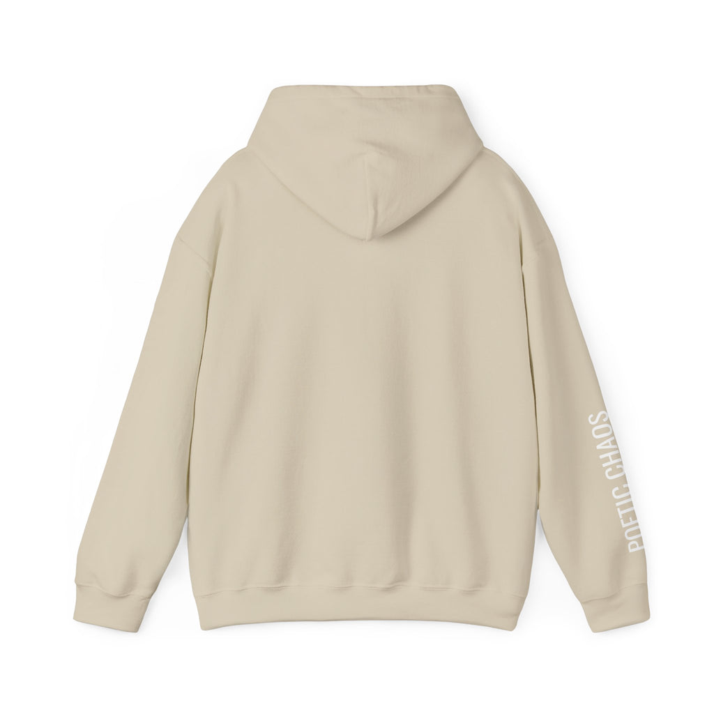 Poetic Chaos Hoodie — Minimal white PC Logo Black Pullover with 'Poetic Chaos' Sleeve