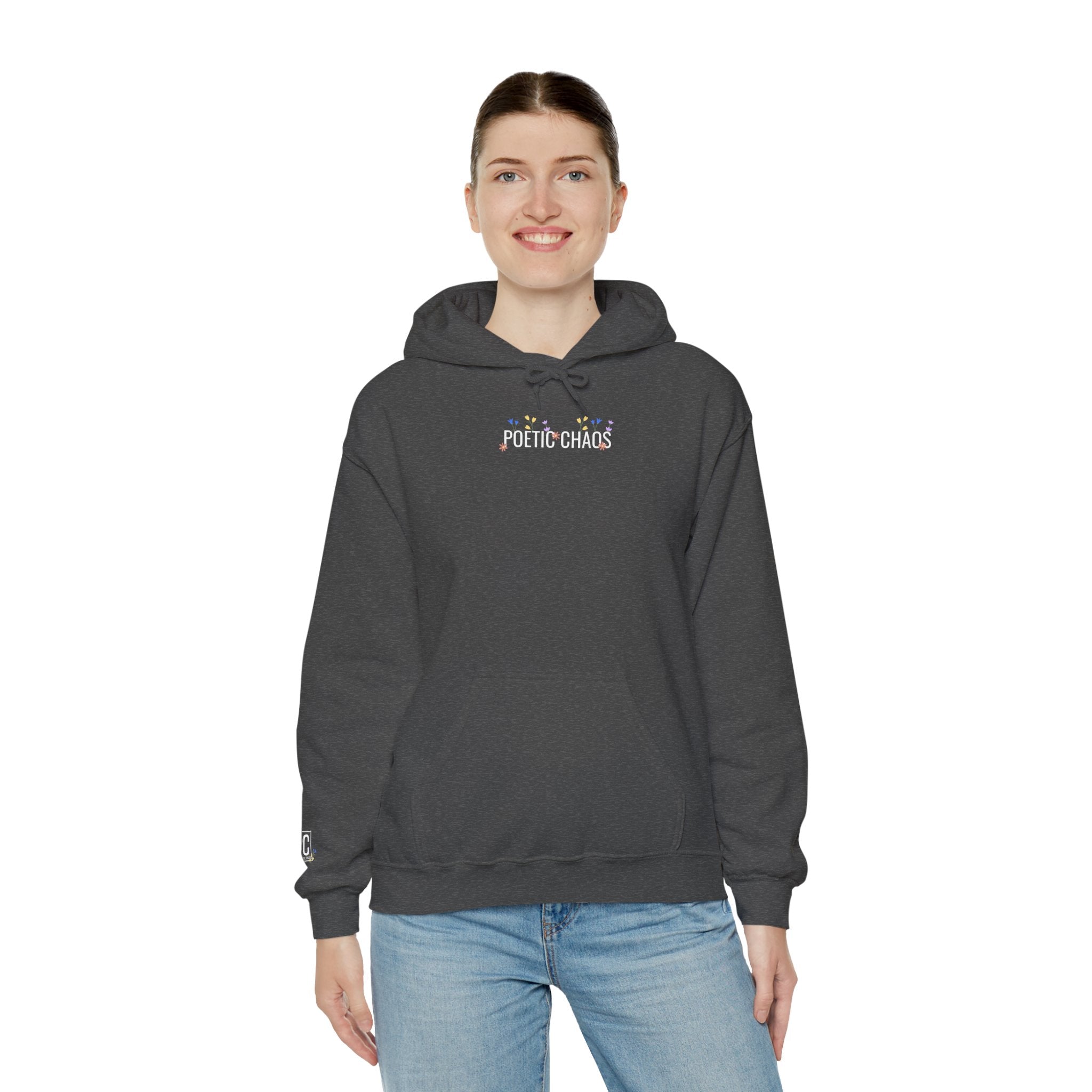 Poetic Chaos Hoodie — Small Chest white floral Logo & Sleeve Emblem