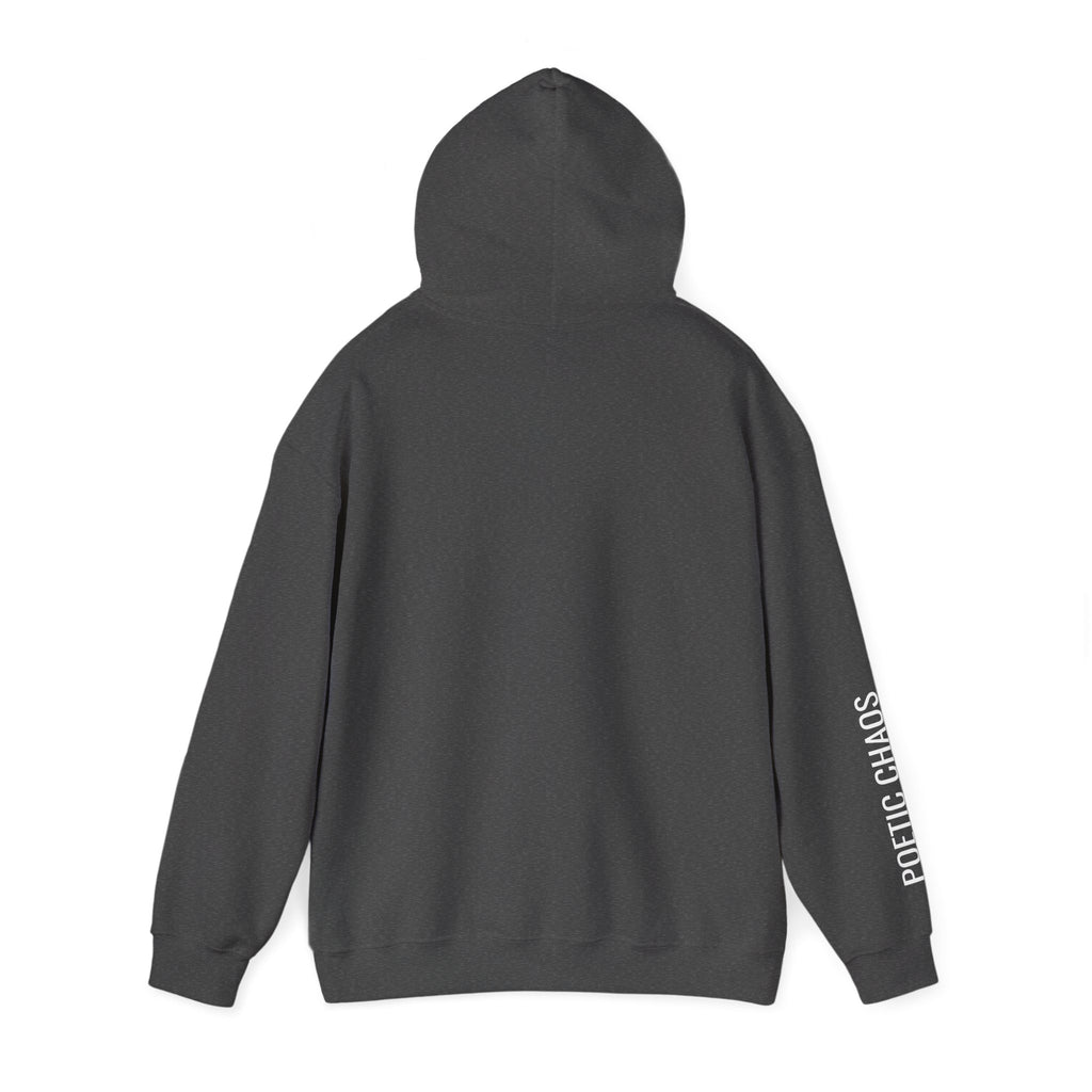 Poetic Chaos Hoodie — Minimal white PC Logo Black Pullover with 'Poetic Chaos' Sleeve