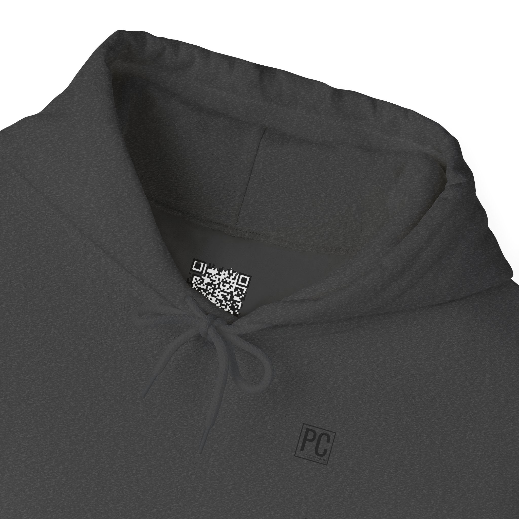 Poetic Chaos Hoodie — Minimal White Pullover with 'POETIC CHAOS' Sleeve Text