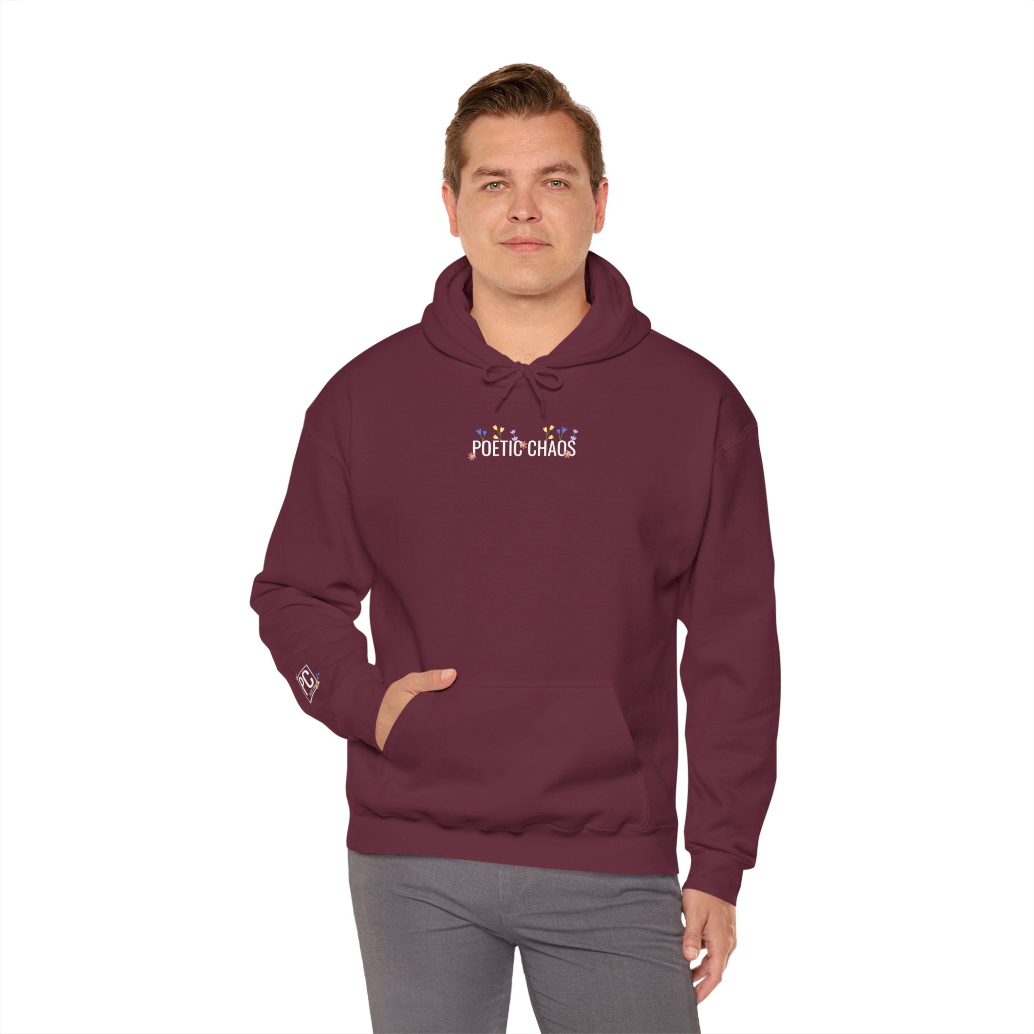 Poetic Chaos Hoodie — Small Chest white floral Logo & Sleeve Emblem
