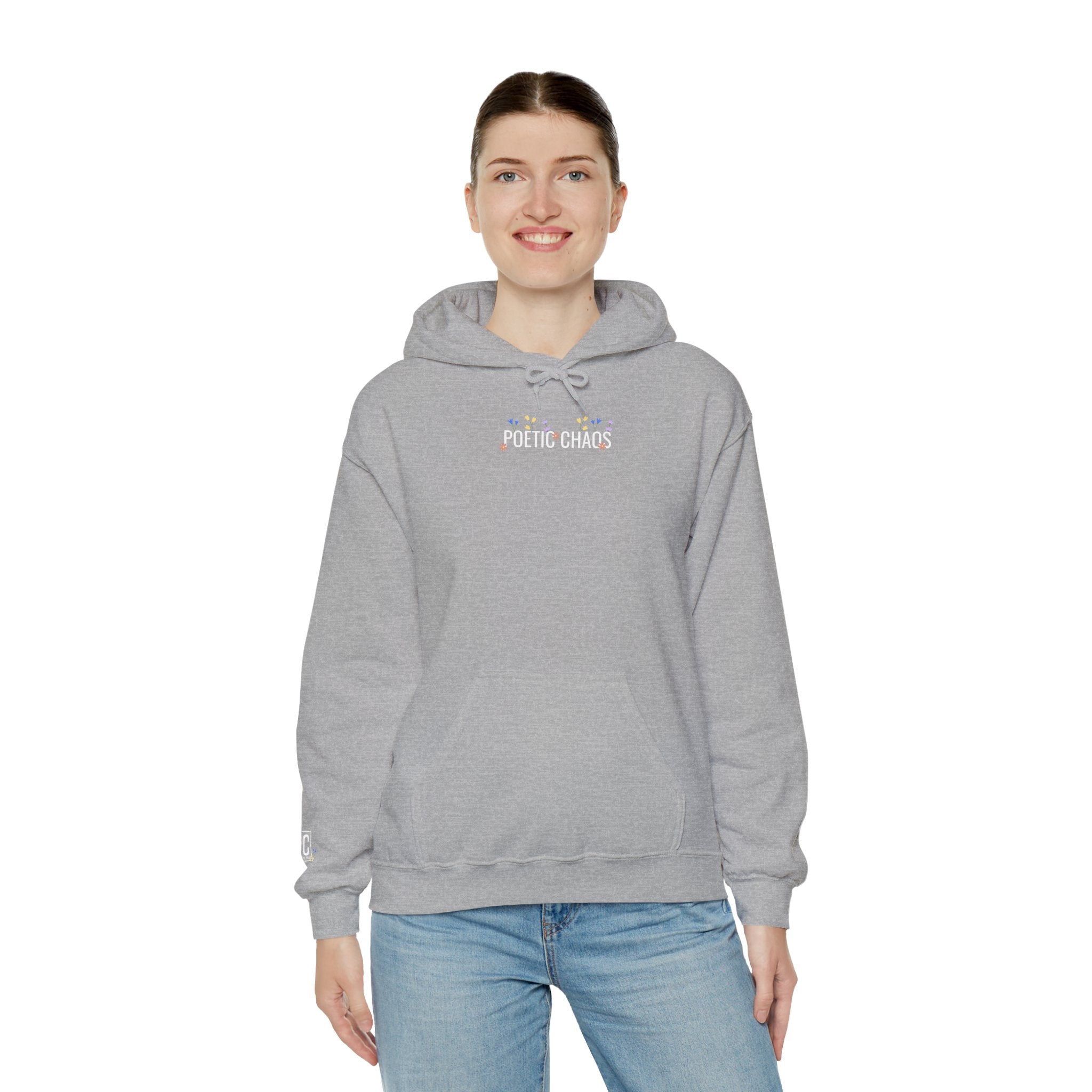 Poetic Chaos Hoodie — Small Chest white floral Logo & Sleeve Emblem