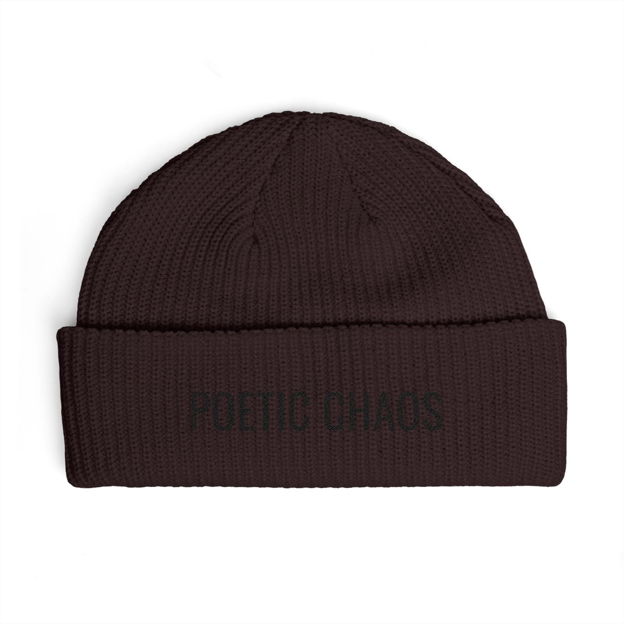Poetic Chaos Embroidered Cuff Beanie — Knit Winter Hat for Writers & Creative Souls