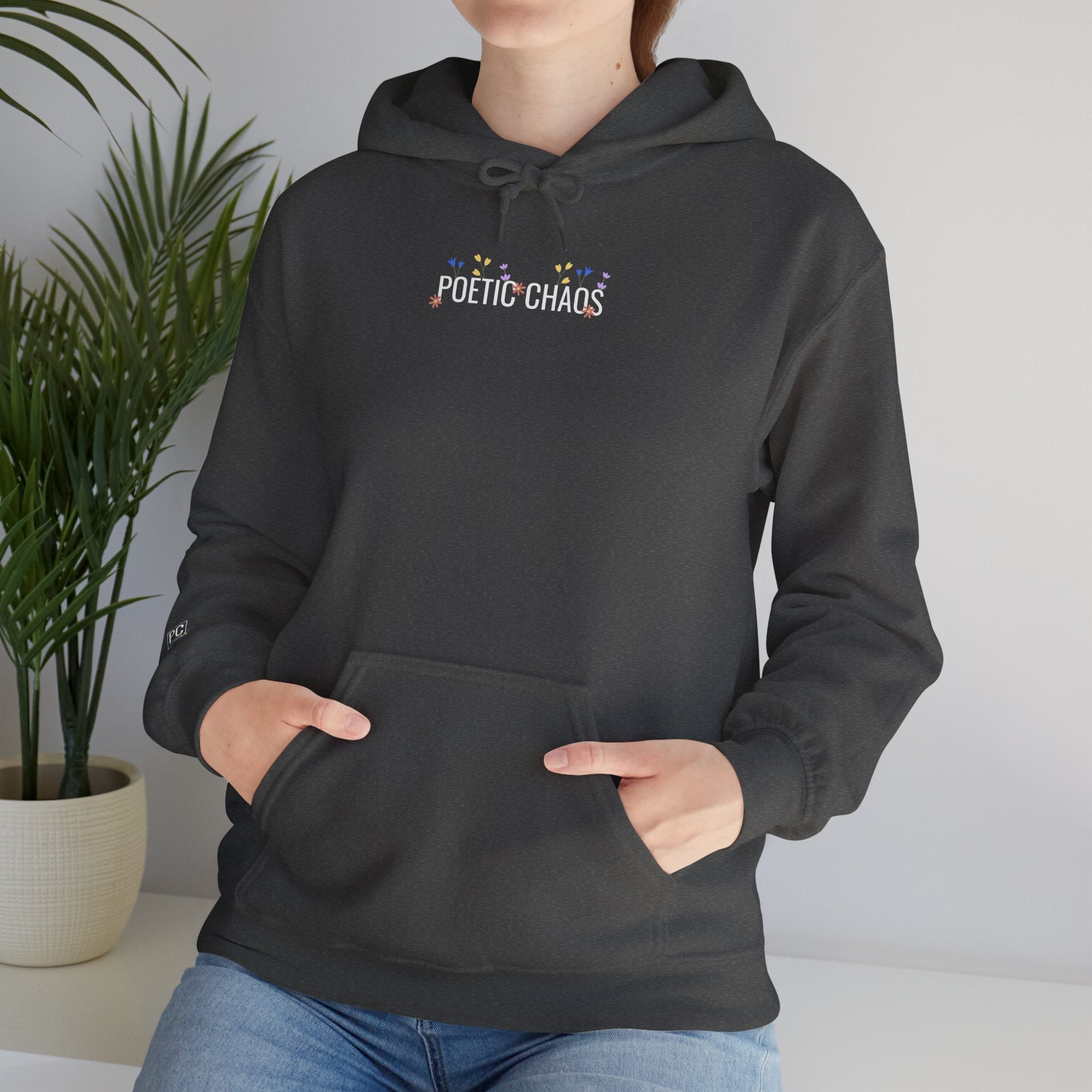 Poetic Chaos Hoodie — Small Chest white floral Logo & Sleeve Emblem