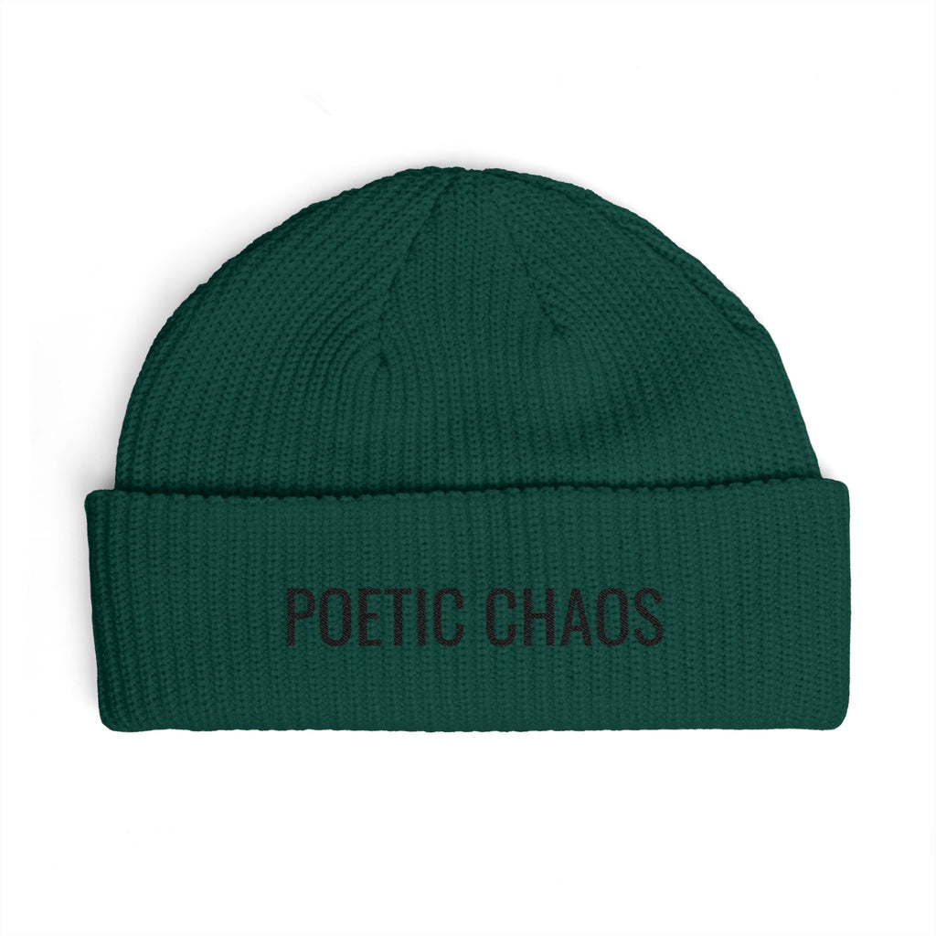 Poetic Chaos Embroidered Cuff Beanie — Knit Winter Hat for Writers & Creative Souls
