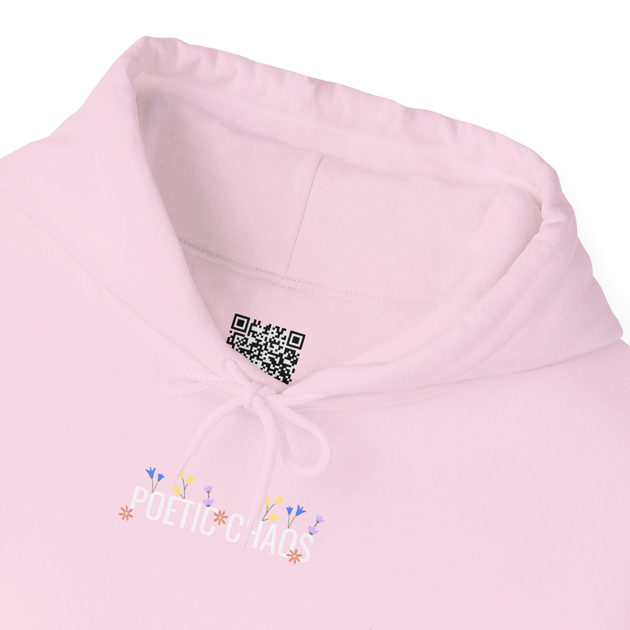 Poetic Chaos Hoodie — Small Chest white floral Logo & Sleeve Emblem