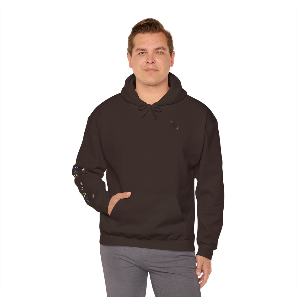 Poetic Chaos Sleeve Logo Hoodie — Minimal White Pullover with 'PC'floral logo