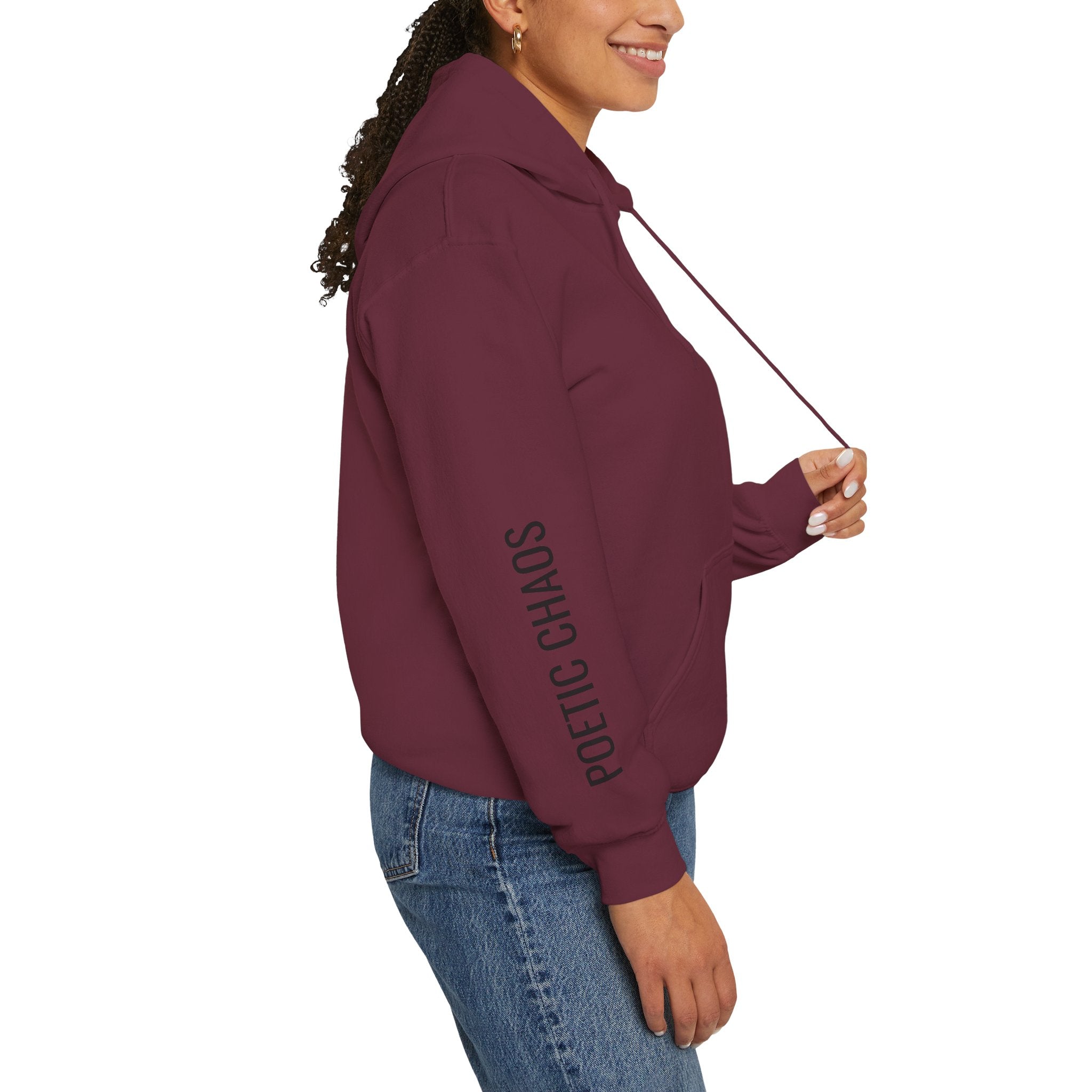 Poetic Chaos Hoodie — Minimal White Pullover with 'POETIC CHAOS' Sleeve Text