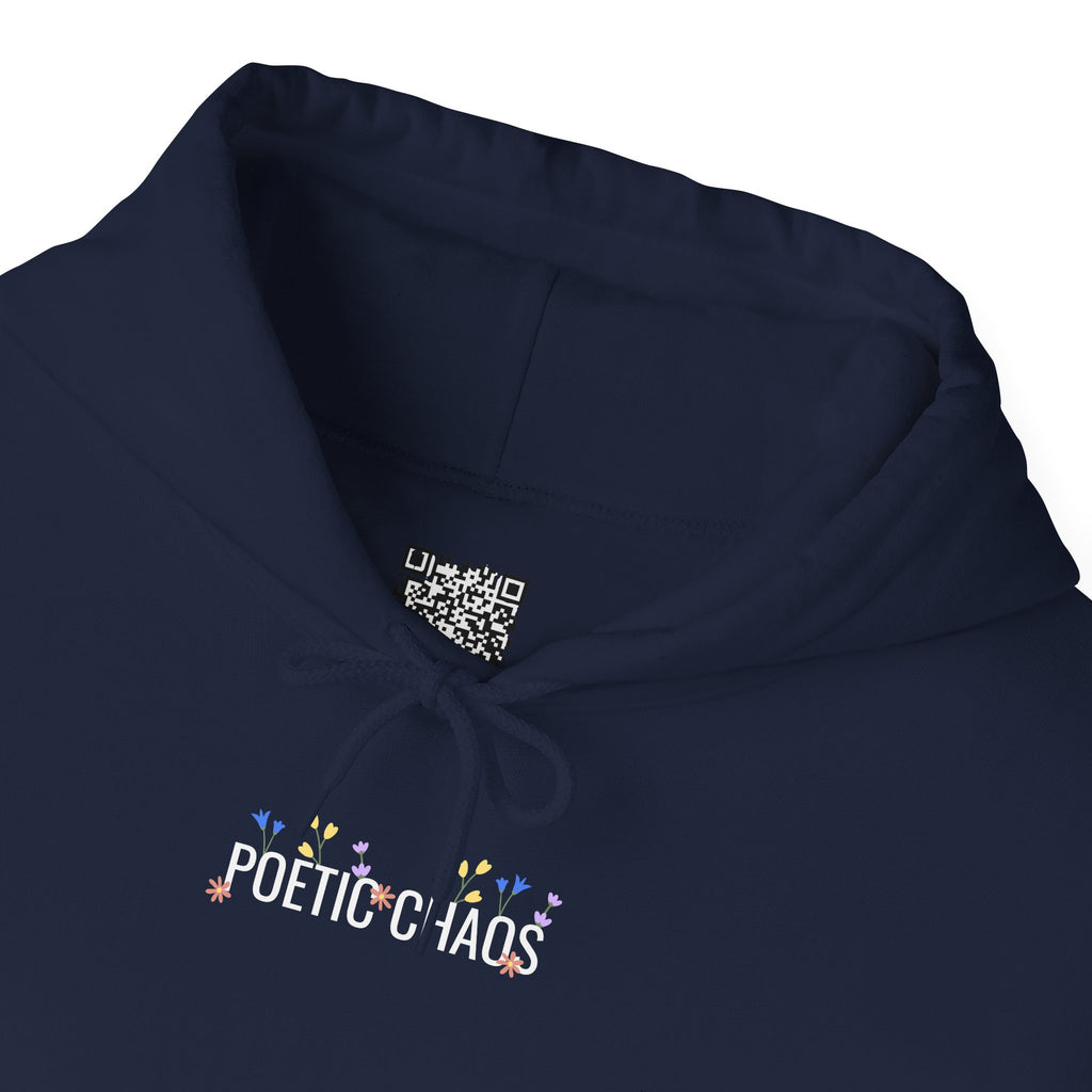 Poetic Chaos Hoodie — Small Chest white floral Logo & Sleeve Emblem