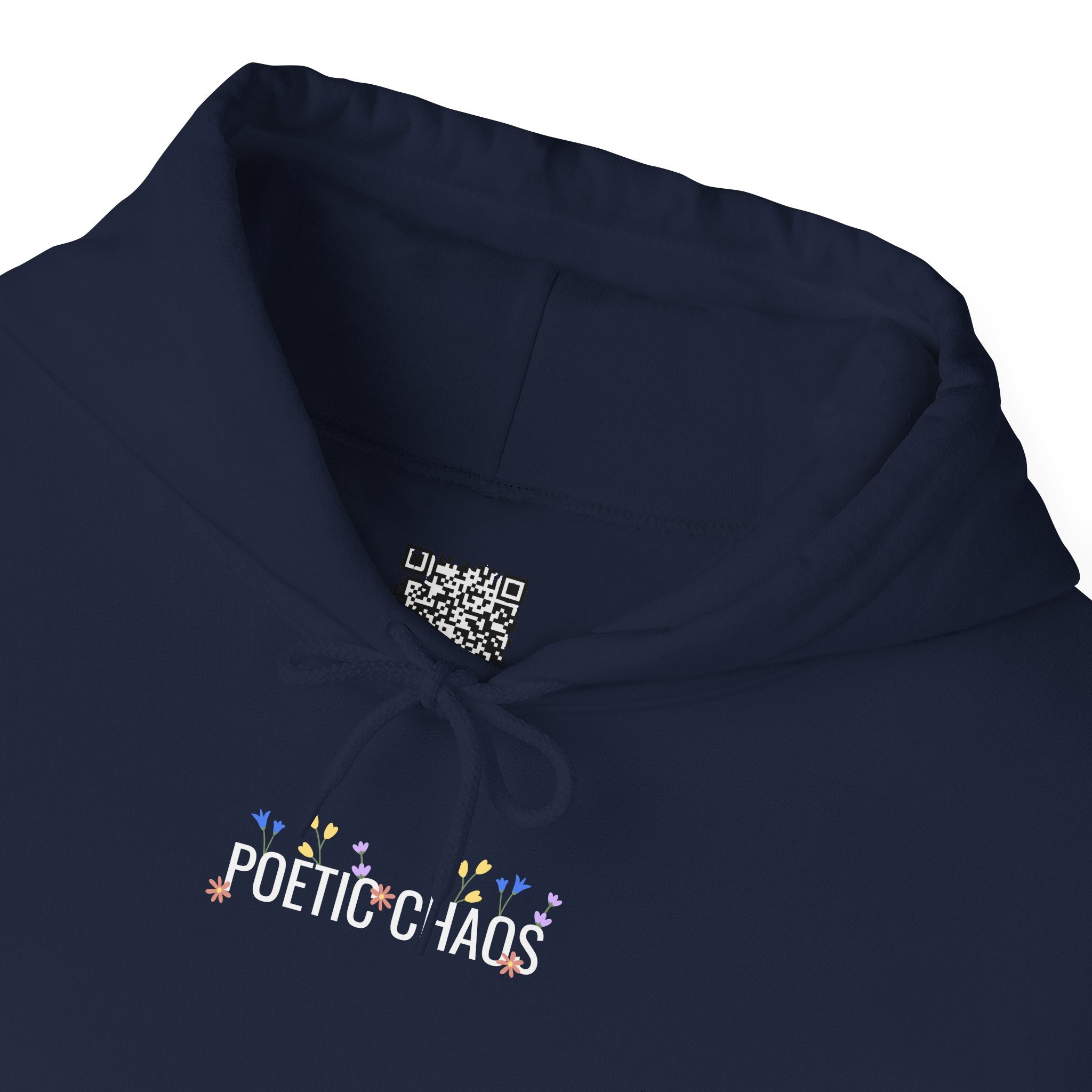 Poetic Chaos Hoodie — Small Chest white floral Logo & Sleeve Emblem