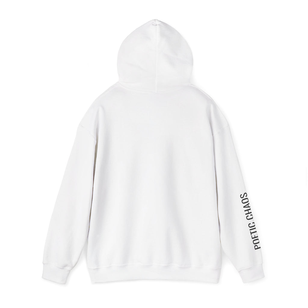 Poetic Chaos Hoodie — Minimal White Pullover with 'POETIC CHAOS' Sleeve Text