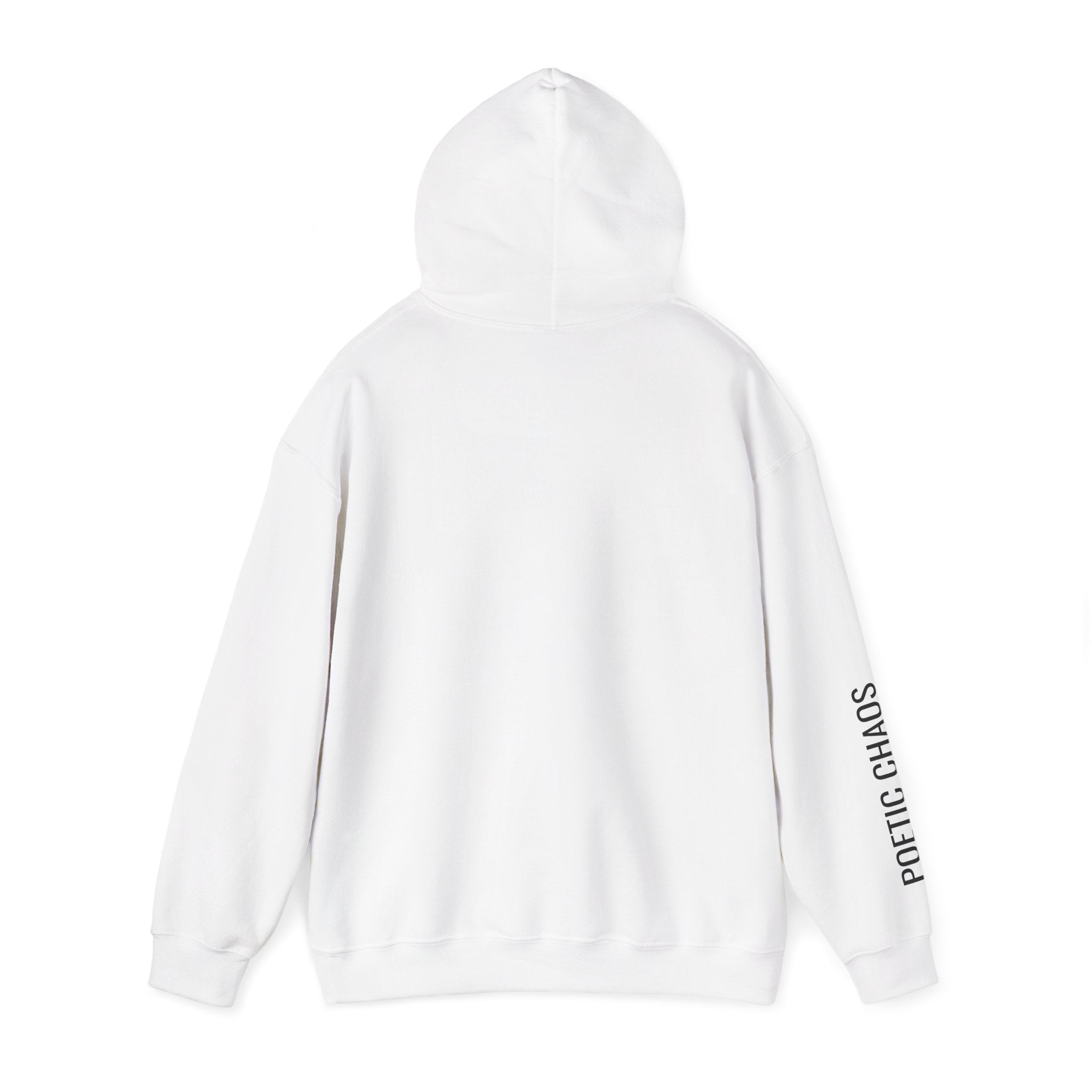 Poetic Chaos Hoodie — Minimal White Pullover with 'POETIC CHAOS' Sleeve Text