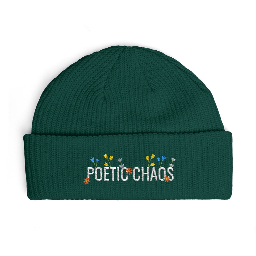 Poetic Chaos Cuff Beanie – Embroidered Floral white logo Knit Hat