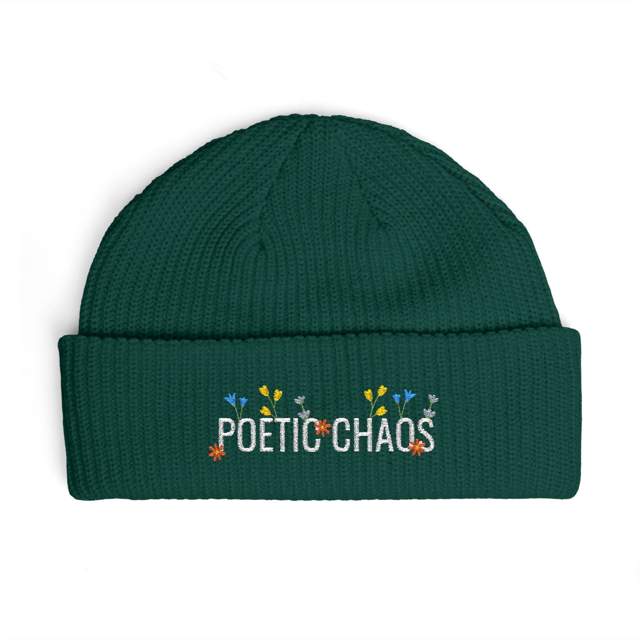 Poetic Chaos Cuff Beanie – Embroidered Floral white logo Knit Hat