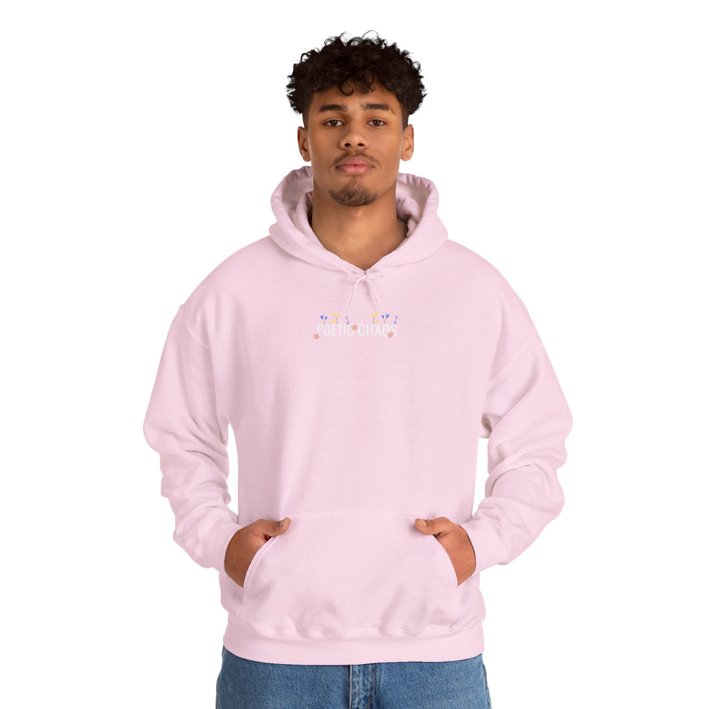 Poetic Chaos Hoodie — Small Chest white floral Logo & Sleeve Emblem
