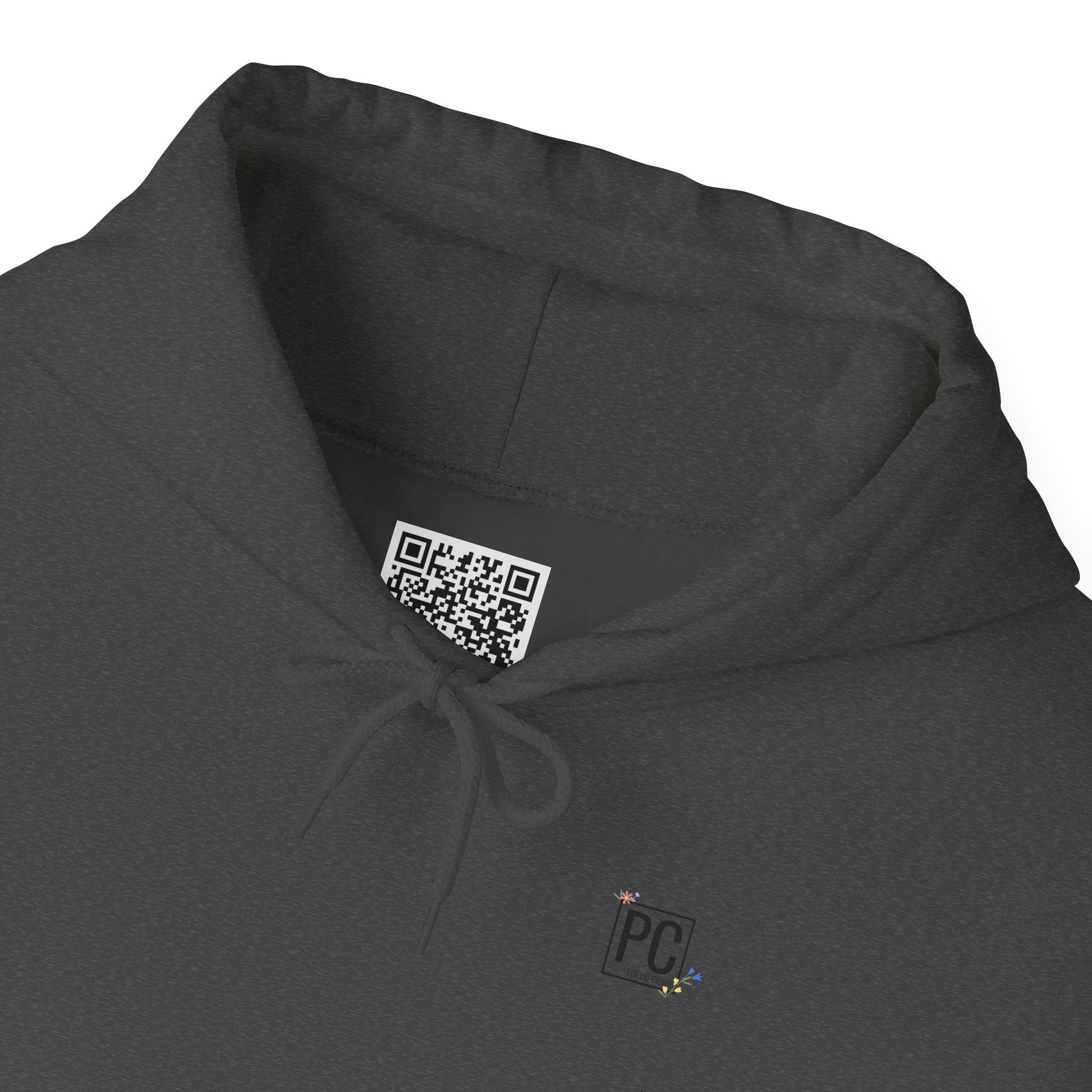 Poetic Chaos Sleeve Logo Hoodie — Minimal White Pullover with 'PC'floral logo
