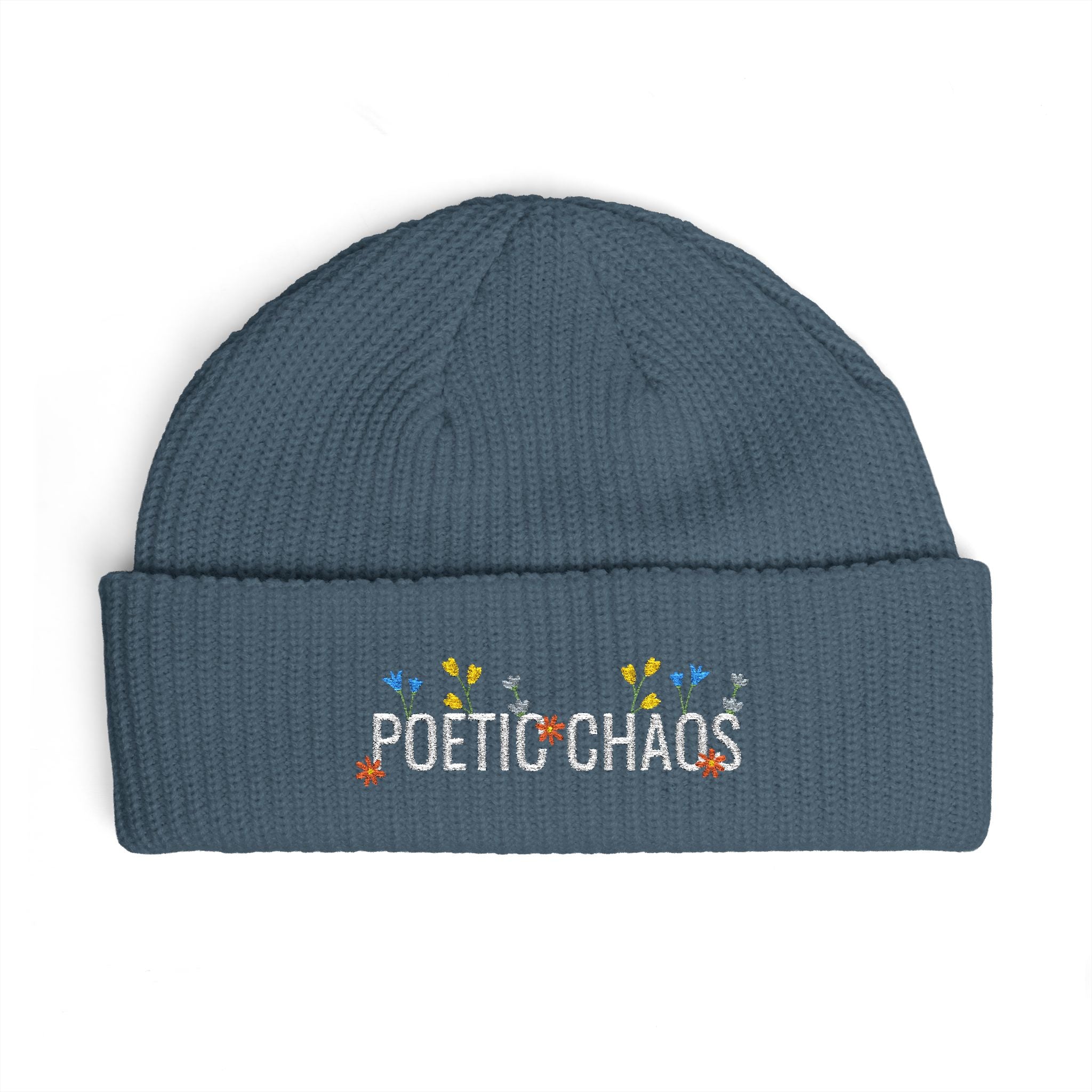 Poetic Chaos Cuff Beanie – Embroidered Floral white logo Knit Hat