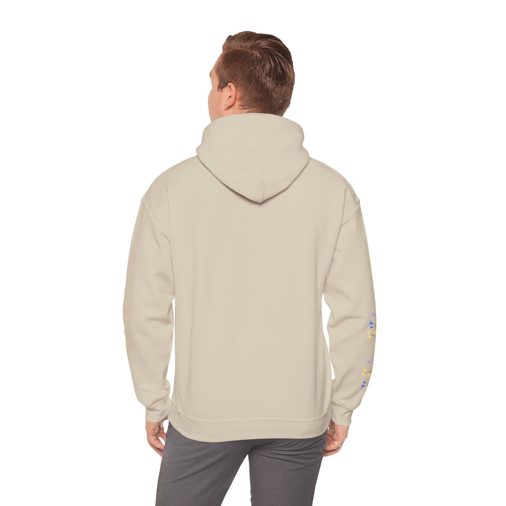 Poetic Chaos Sleeve Logo Hoodie — Minimal White Pullover with 'PC'floral logo