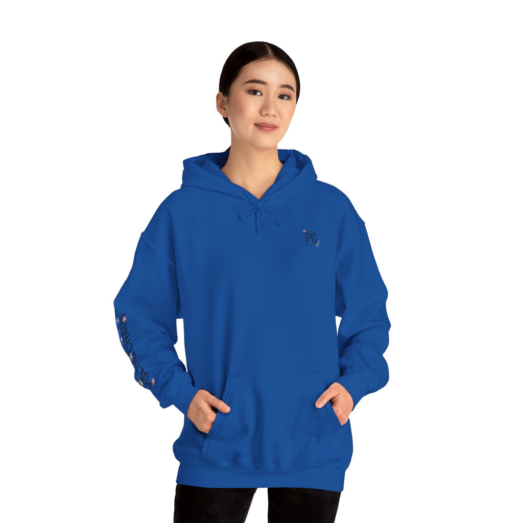 Poetic Chaos Sleeve Logo Hoodie — Minimal White Pullover with 'PC'floral logo