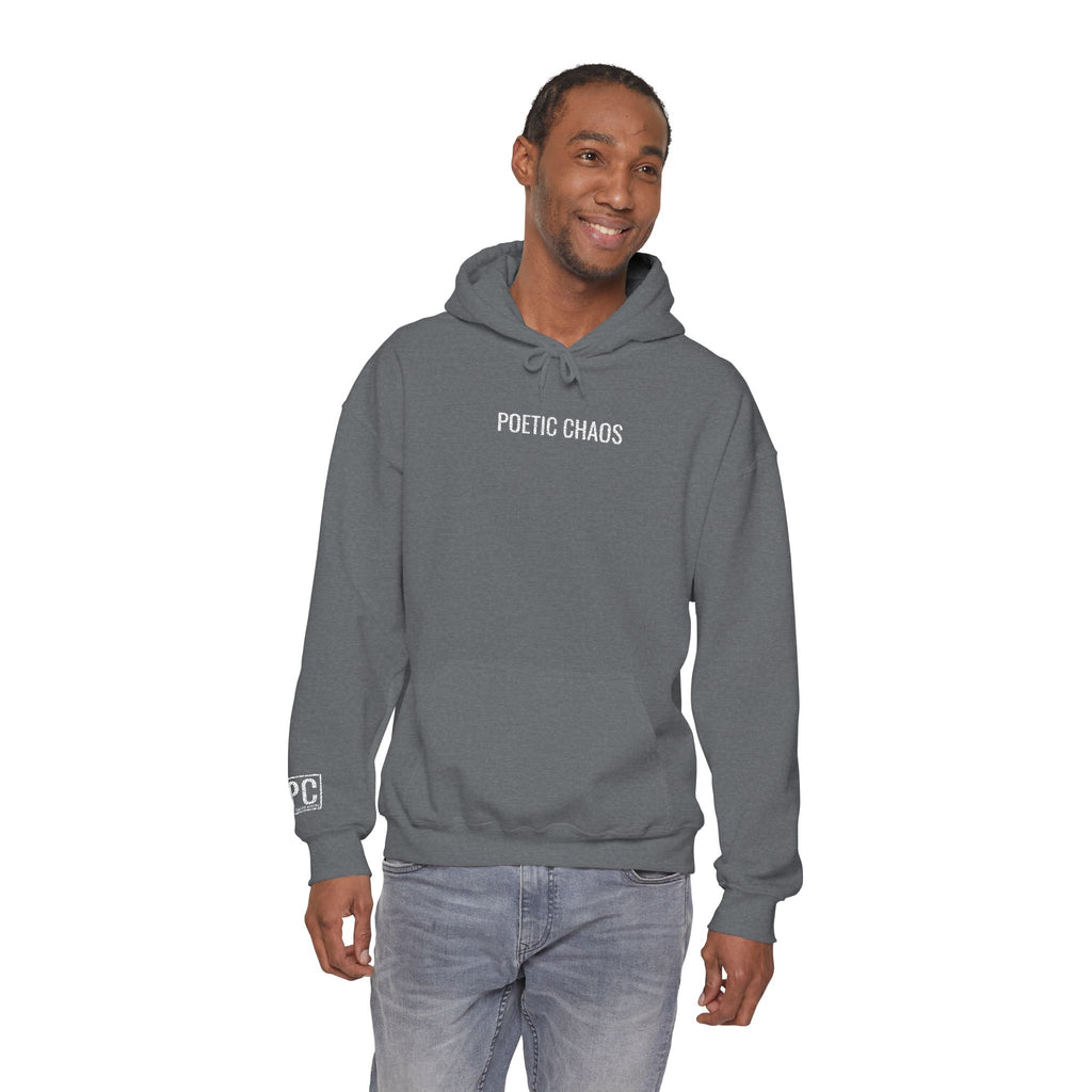 Poetic Chaos embroided white logo hoodie