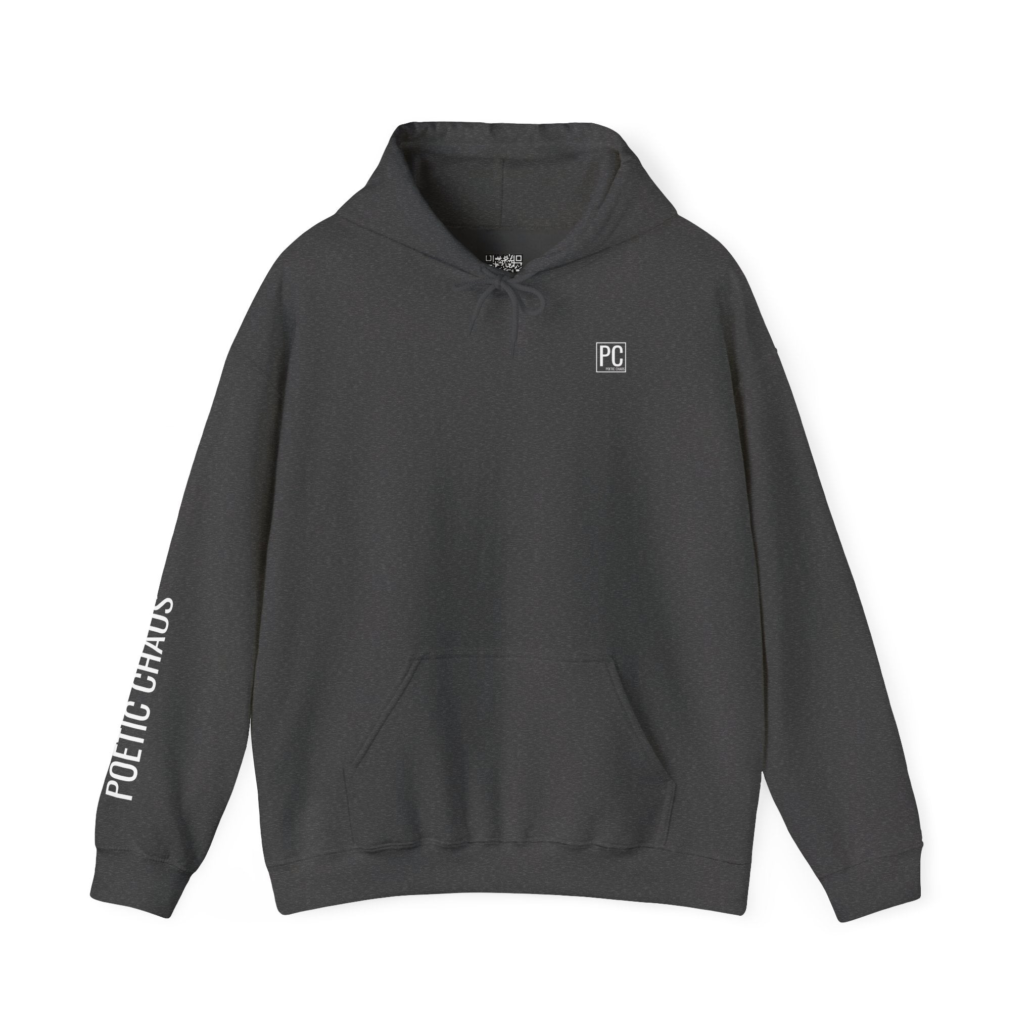 Poetic Chaos Hoodie — Minimal white PC Logo Black Pullover with 'Poetic Chaos' Sleeve