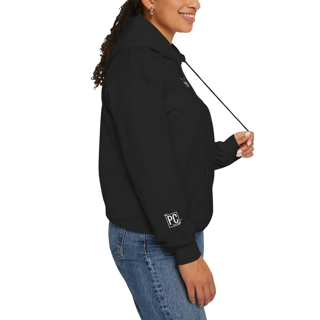 Poetic Chaos Hoodie — Small Chest white floral Logo & Sleeve Emblem