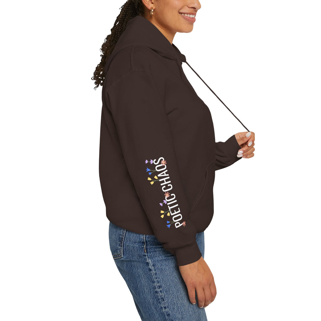 Poetic Chaos Sleeve Hoodie – Minimal white floral Logo Pullover